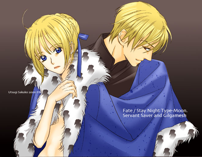 en, utsugi sakuko, artoria pendragon (fate), gilgamesh (fate), saber (fate), fate/stay night, fate (series), 00s, 1boy, 1girl, 2006, blonde hair, blue eyes, cape, character name, copyright name, couple, hetero, smile, typo