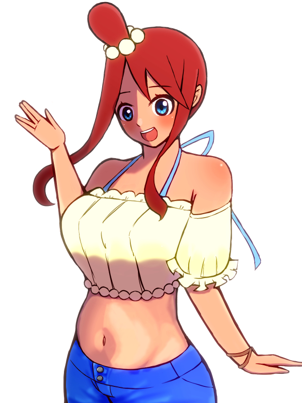 skyla (pokemon), skyla (summer 2025) (pokemon), nintendo, pokemon, pokemon bw, pokemon masters ex, 1girl, blue eyes, breasts, crop top, dark-skinned female, dark skin, detached sleeves, large breasts, long hair, midriff, open mouth, red hair, rekozo, shorts, teeth, upper teeth only, white background