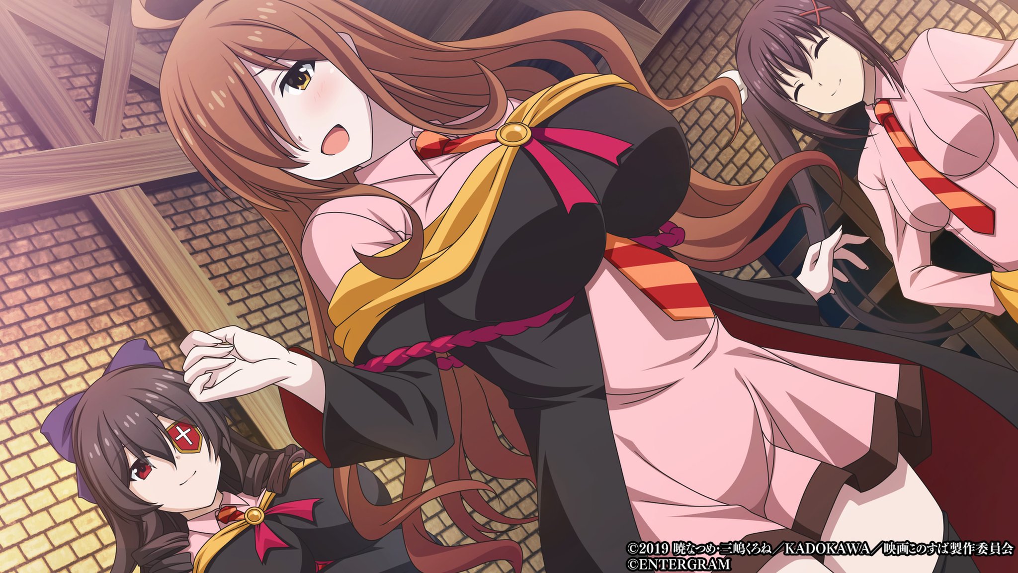 arue (konosuba), dodonko (konosuba), wiz (konosuba), kono subarashii sekai ni shukufuku wo!, official art, 3girls, between breasts, bow, breasts, brown hair, dress, eyepatch, hair bow, large breasts, long hair, long sleeves, multiple girls, necktie, necktie between breasts, one eye covered, open mouth, short dress, smile