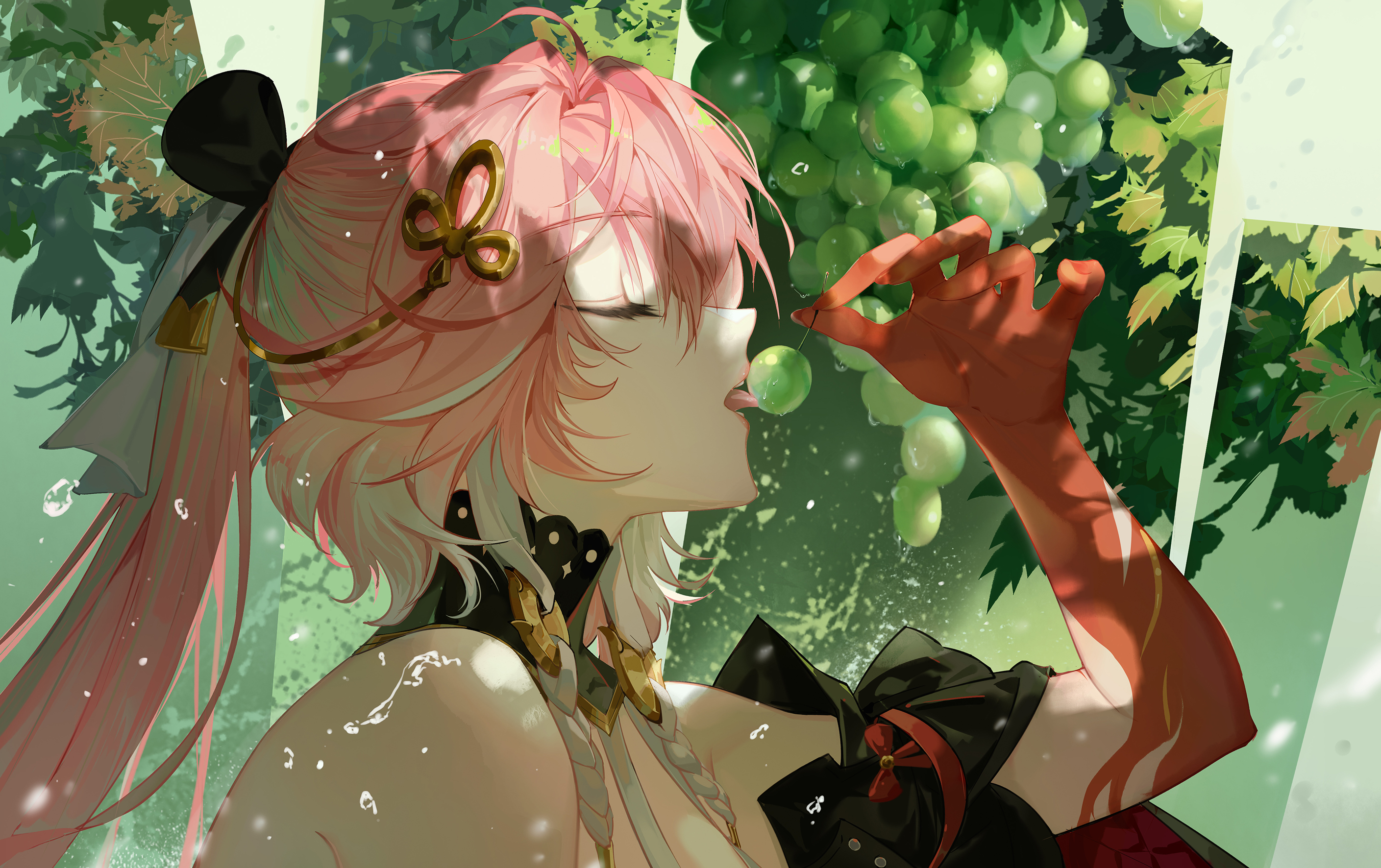 ruoruoqiu, changli (wuthering waves), wuthering waves, commentary, english commentary, highres, 1girl, black bow, black collar, bow, braid, closed eyes, collar, colored extremities, food, from side, fruit, grapes, hair bow, hair extensions, hair ornament, holding, holding food, holding fruit, multicolored hair, open mouth, pink hair, ponytail, portrait, red hands, ring hair extensions, solo, tongue, tongue out, twin braids, two-tone hair, white hair