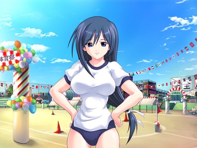 game cg, 1girl, american flag, australian flag, balloon, blue eyes, blue hair, brazilian flag, breasts, buruma, canadian flag, cloud, day, female focus, flag, flags of all nations, french flag, german flag, gym uniform, hands on own hips, large breasts, long hair, matching hair/eyes, sky, solo, string of flags, tachi-e, union jack