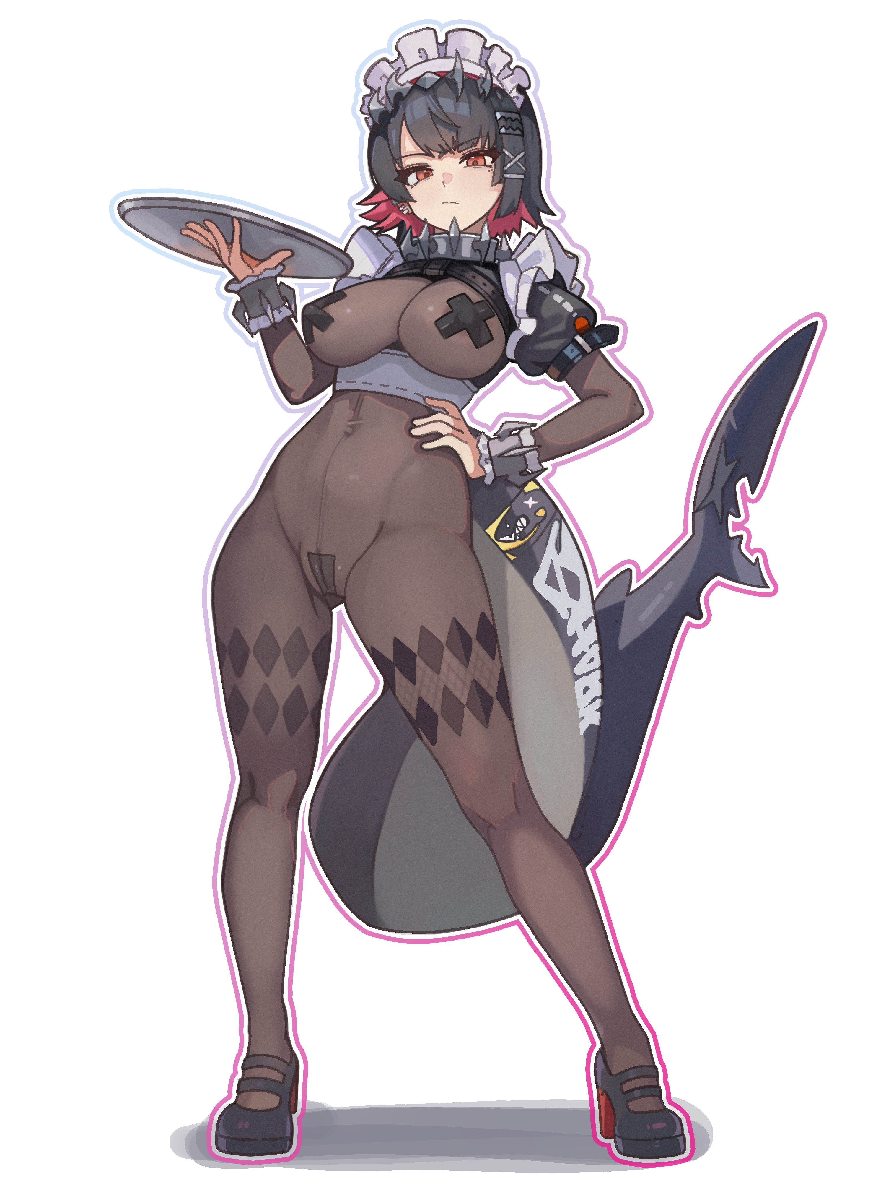 rehu (astd5787), ellen joe, zenless zone zero, absurdres, commentary, highres, 1girl, black hair, black shoes, black tail, blush, bodystocking, breasts, closed mouth, contrapposto, covered navel, cross, cross pasties, fins, fish tail, full body, hand on own hip, holding, holding tray, large breasts, looking at viewer, maebari, mole, mole under eye, outline, pasties, red eyes, shark girl, shark tail, shoes, short hair, simple background, solo, standing, tail, tray, white background, white outline