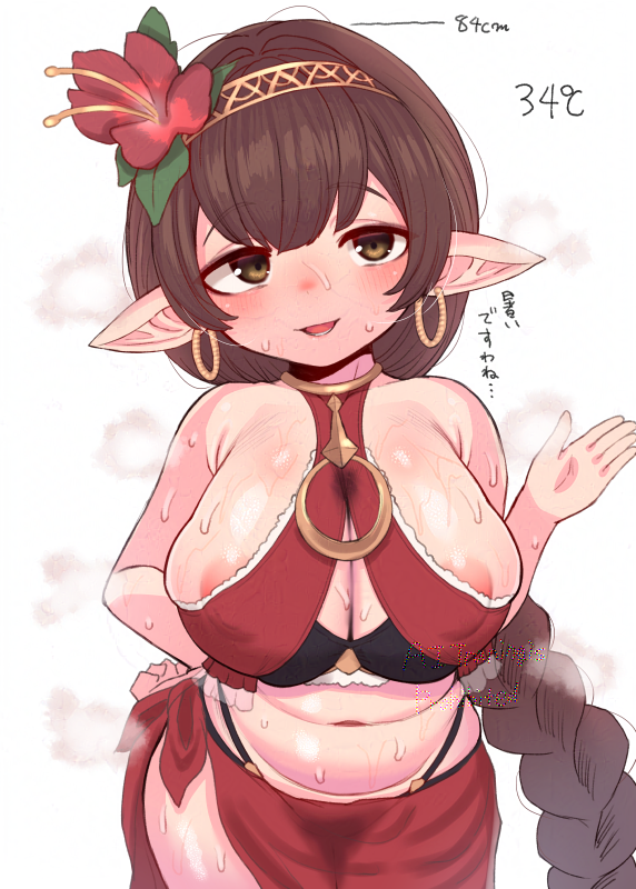 makabe gorou, haaselia, granblue fantasy, areola slip, bikini, blush, braid, breasts, earrings, haaselia (summer) (granblue fantasy), harvin, jewelry, large breasts, long hair, plump, red bikini, simple background, swimsuit