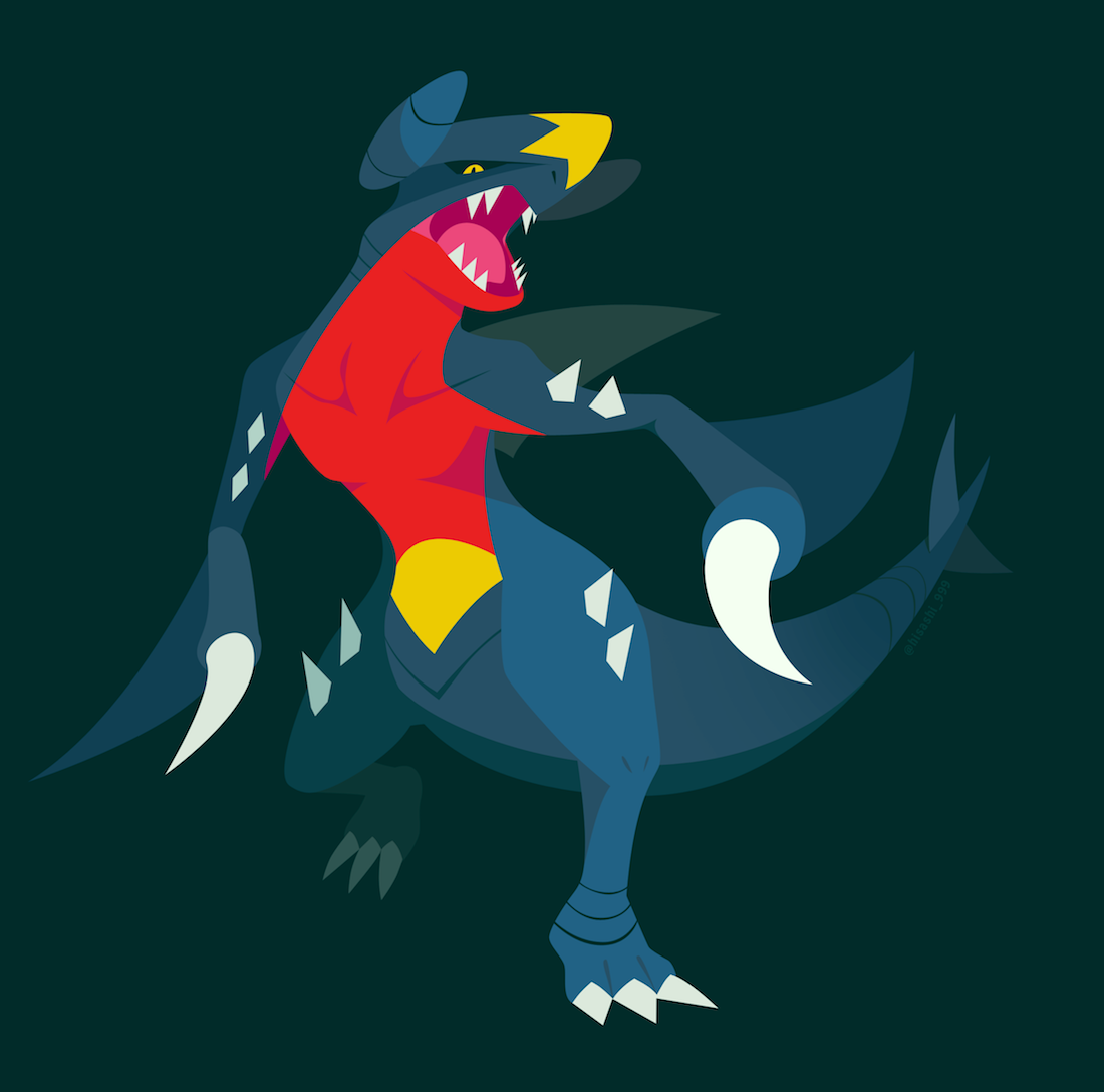hisashi999, garchomp, nintendo, pokemon, black sclera, claws, colored sclera, full body, gen 4 pokemon, looking at viewer, no humans, open mouth, pokemon (creature), sharp teeth, simple background, solo, teeth