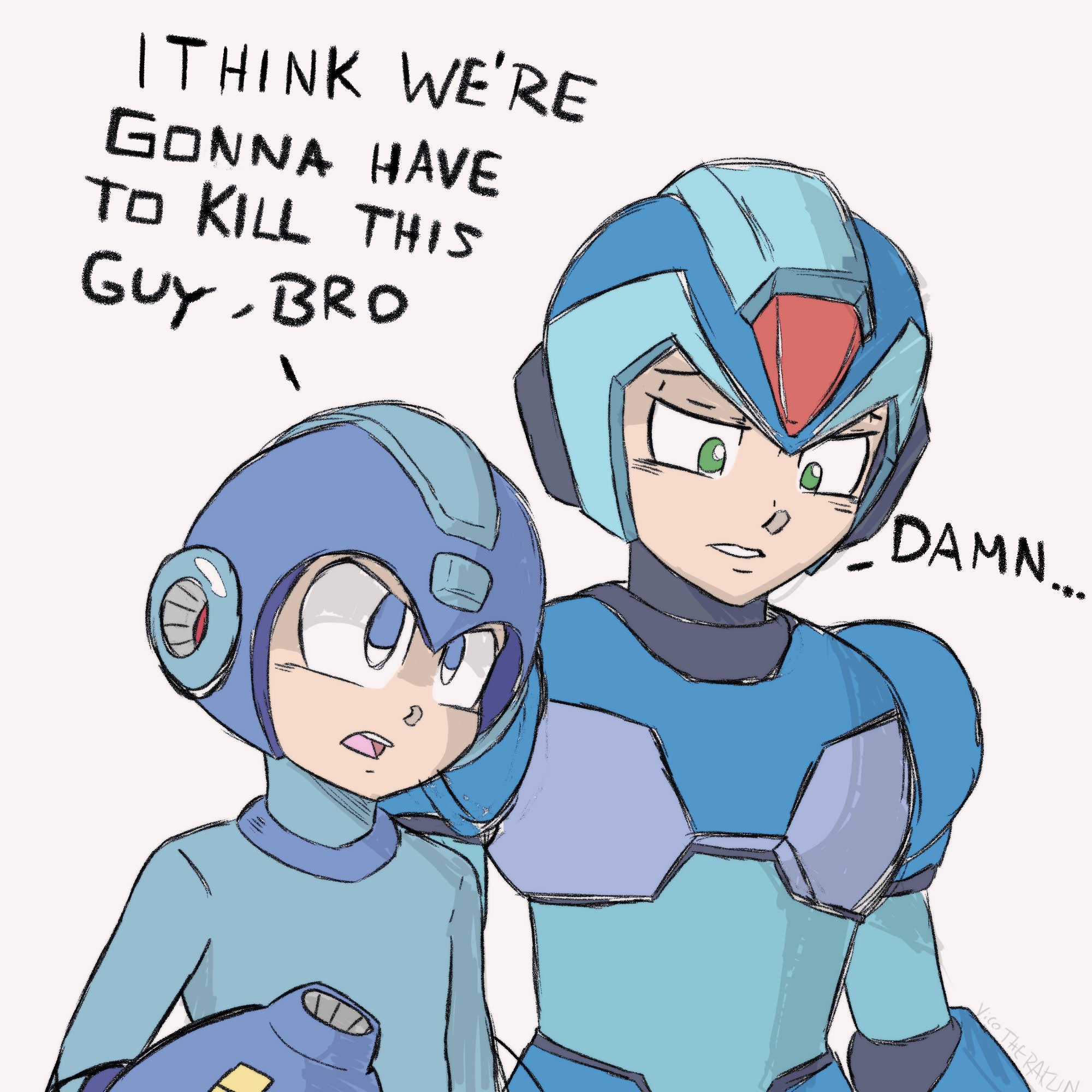 rakun.ex, mega man (character), x (mega man), mega man (classic), mega man (series), mega man x (series), highres, 2boys, android, arm cannon, armor, blue armor, blue bodysuit, blue eyes, blue helmet, bodysuit, clenched teeth, forehead jewel, green eyes, helmet, i think we're gonna have to kill this guy steven (meme), jewelry, meme, multiple boys, open mouth, parted lips, robot, robot ears, simple background, teeth, upper teeth only, weapon, white background