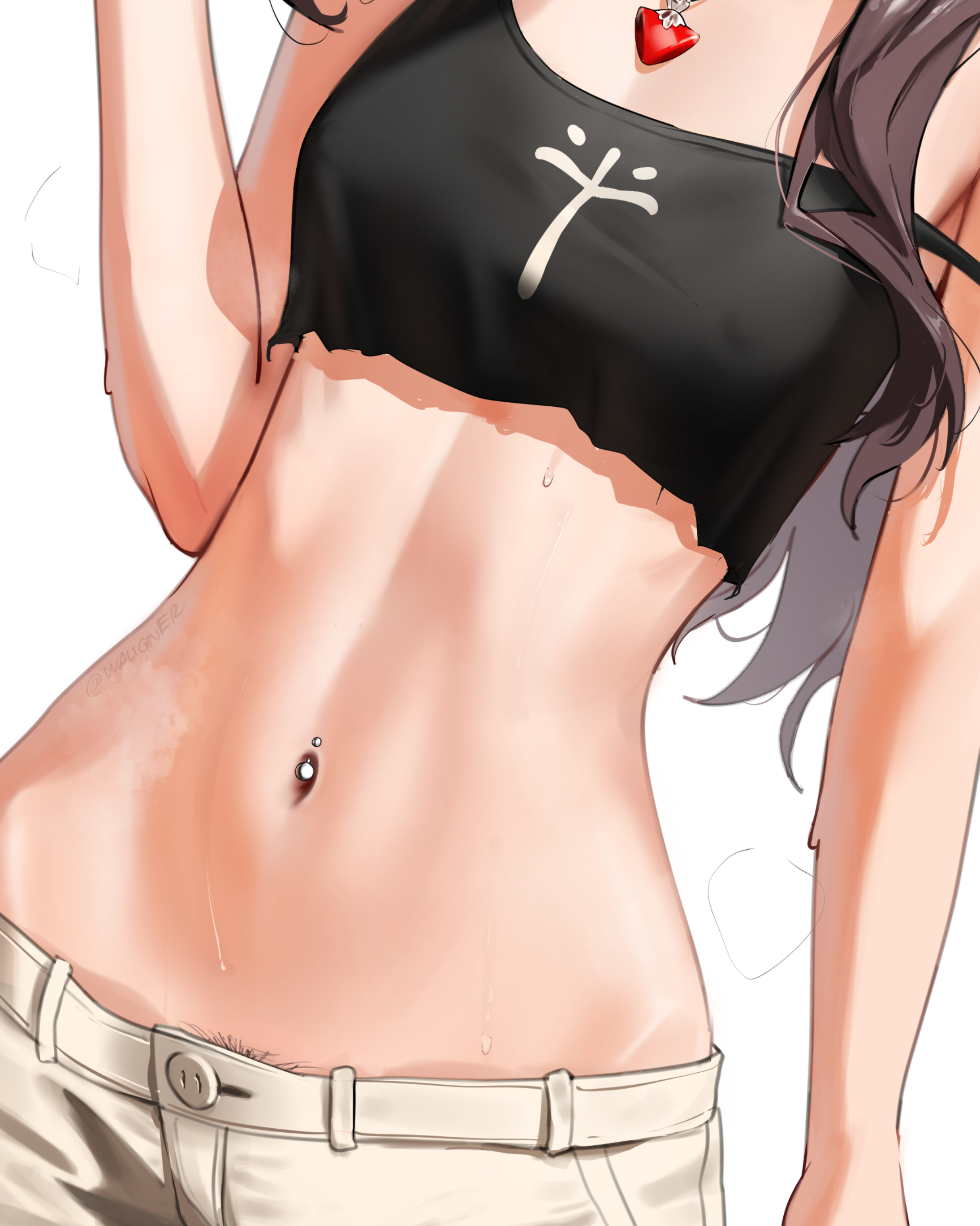 waligner, tohsaka rin, fate/stay night, fate (series), absurdres, commentary, english commentary, highres, 1girl, black camisole, blush, breast focus, breasts, brown hair, camisole, choker, crop top, cross, cross print, female pubic hair, head out of frame, hip focus, jewelry, long hair, looking to the side, navel, navel piercing, necklace, parted bangs, pendant, piercing, pubic hair, pubic hair peek, shorts, simple background, small breasts, solo, strap slip, sweat, two side up, white background, white shorts