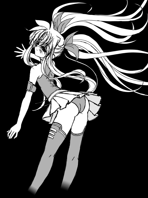 frapowa, fate testarossa, fate testarossa (lightning form), lyrical nanoha, mahou shoujo lyrical nanoha, mahou shoujo lyrical nanoha a's, 00s, 1girl, arm belt, ass, blush, female focus, floating hair, from behind, greyscale, hair ribbon, half-closed eyes, long hair, monochrome, panties, pantyshot, ribbon, solo, standing, thighhighs, underwear, very long hair