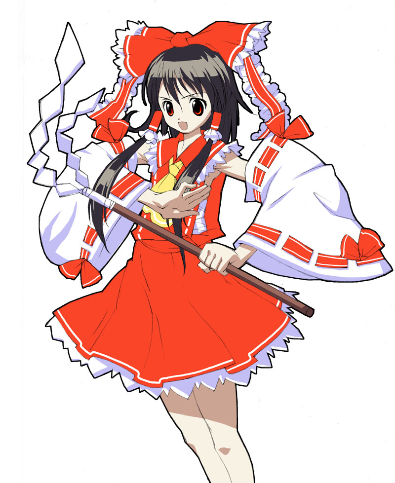sharchick (paroparo), hakurei reimu, immaterial and missing power, touhou, 1girl, armpits, ascot, black hair, bow, detached sleeves, female focus, frills, gohei, hair bow, hair tubes, long hair, red eyes, red skirt, sarashi, simple background, skirt, smile, solo, white background
