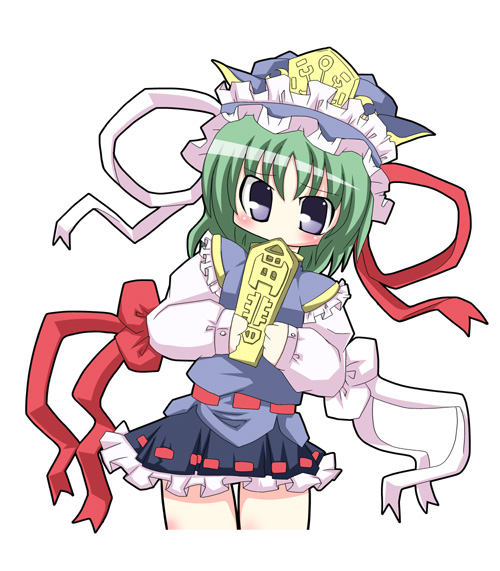 muuba, shiki eiki, touhou, 1girl, blush, female focus, green hair, hat, purple eyes, ribbon, rod of remorse, simple background, skirt, solo, thighs, white background