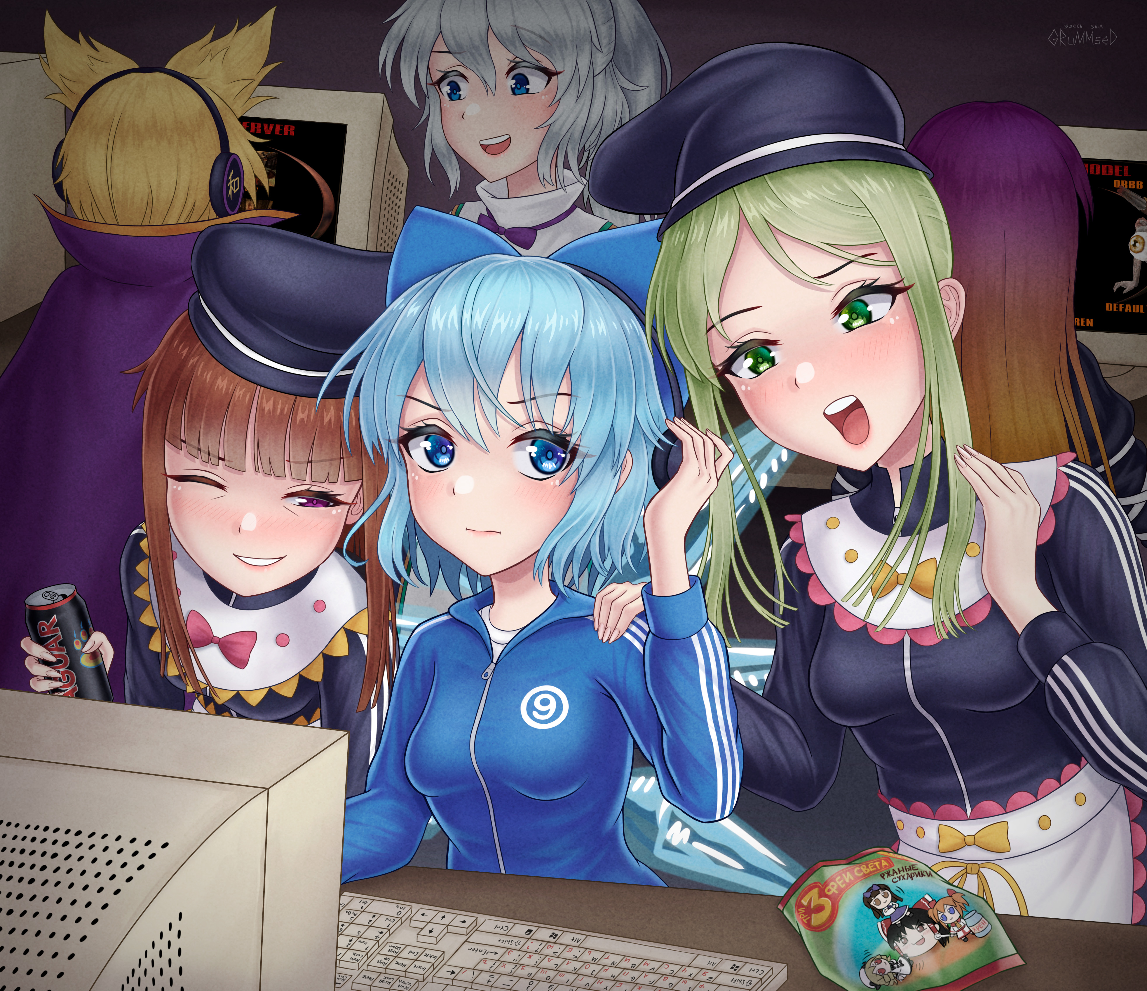 grummsed, cirno, adidas, quake (series), quake 3 arena, absurdres, highres, blue eyes, circled 9, computer keyboard, headphones, jaguar (beverage), monitor