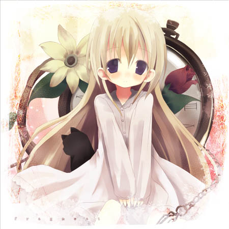 shiro (octet), shiro, original, lowres, 1girl, blonde hair, blue eyes, blush, cat, clock, dress, female focus, flower, long hair, rose, solo, straight hair, very long hair, watch