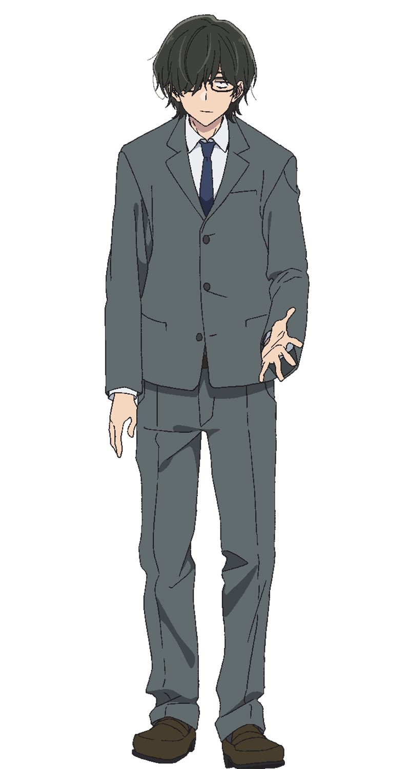 aineko, hana wa saku shura no gotoku, highres, official art, 1boy, anime coloring, belt, black eyes, black hair, blazer, blue necktie, brown belt, brown shoes, closed mouth, collared shirt, dress shoes, full body, glasses, grey jacket, grey pants, hair over one eye, hakoyama setarou, jacket, long bangs, long sleeves, looking at viewer, necktie, open hand, pants, school uniform, shirt, shoes, short hair, simple background, solo, standing, sumomo-gaoka high school uniform, transparent background, white shirt
