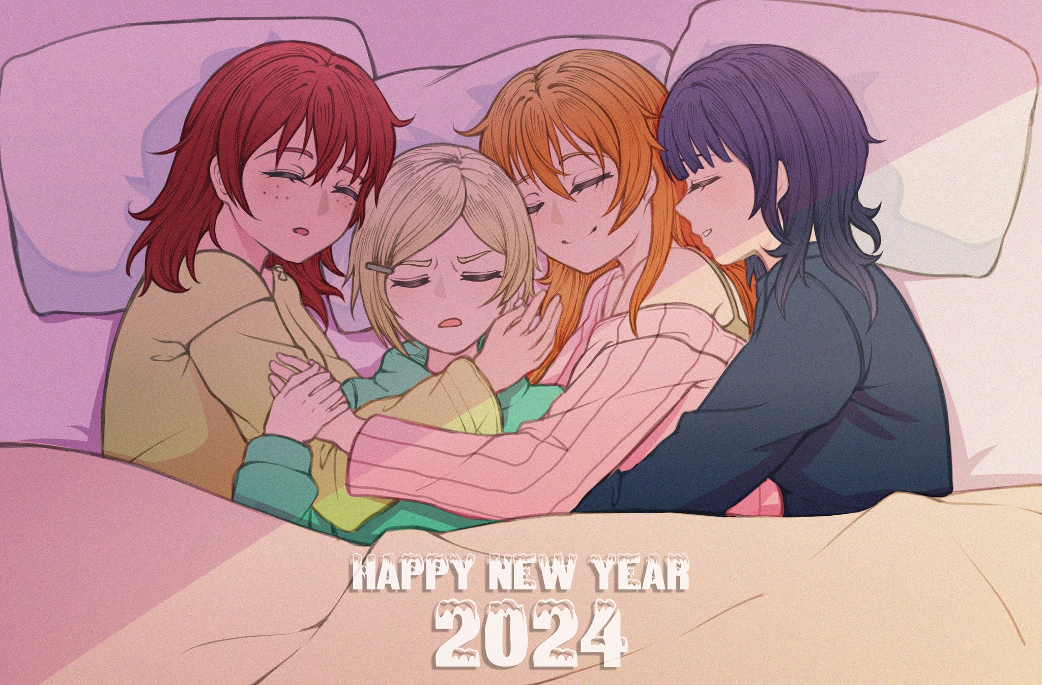 mayo e, asaka karin, emma verde, konoe kanata, mia taylor, love live!, love live! nijigasaki high school idol club, commentary request, highres, 4girls, bed sheet, blanket, blonde hair, blue hair, closed eyes, freckles, furrowed brow, hair between eyes, hair ornament, hairclip, happy new year, head on pillow, hug, long hair, long sleeves, lying, multiple girls, new year, on back, on bed, on side, orange hair, pajamas, pillow, red hair, short hair, sleeping, smile, under covers