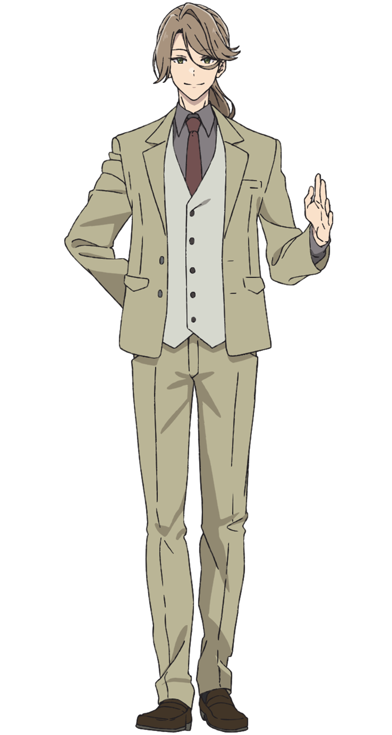 aineko, hana wa saku shura no gotoku, highres, official art, 1boy, anime coloring, arm behind back, brown hair, brown necktie, brown shirt, brown shoes, closed mouth, collared shirt, dress shoes, formal clothes, full body, green eyes, grey socks, hair between eyes, hand up, jacket, kichijouji hiromi, long hair, looking at viewer, low ponytail, necktie, open clothes, open hand, open jacket, pants, ponytail, shirt, shoes, simple background, smile, socks, solo, standing, suit, suit jacket, transparent background, vest, white vest, yellow jacket, yellow pants