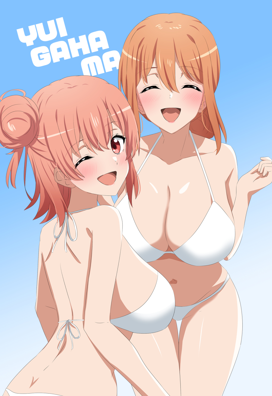 dars (recolors), yuigahama yui, yuigahama yui's mother, yahari ore no seishun lovecome wa machigatteiru., highres, 2girls, back, bikini, blush, breasts, closed eyes, dimples of venus, hair between eyes, hair bun, large breasts, long hair, looking at viewer, mature female, mother and daughter, multiple girls, navel, one eye closed, open mouth, orange eyes, orange hair, pink hair, sideboob, single hair bun, smile, stomach, swimsuit, thighs, white bikini
