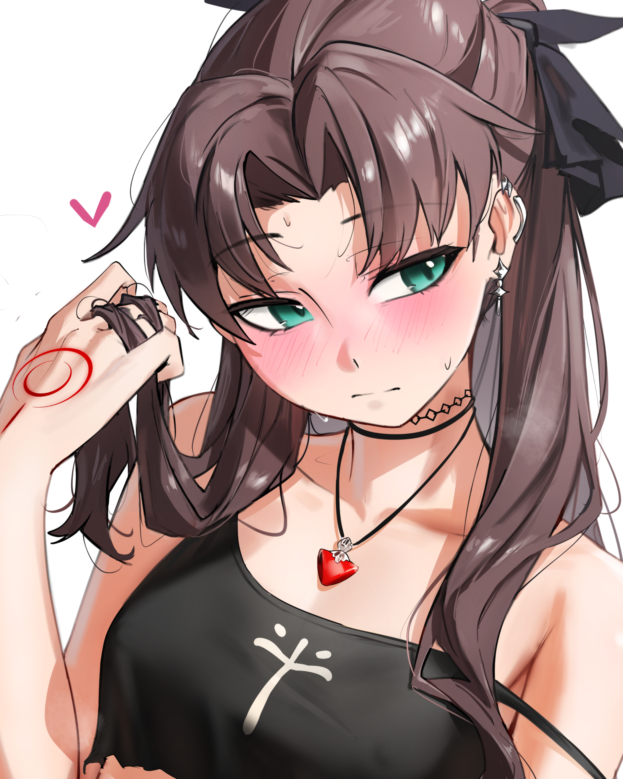 waligner, tohsaka rin, fate/stay night, fate (series), absurdres, highres, 1girl, armpit crease, black camisole, black choker, blush, breasts, brown hair, camisole, choker, closed mouth, collarbone, command spell, crop top, cross, cross print, earrings, green eyes, hand up, heart, jewelry, long hair, necklace, parted bangs, pendant, playing with own hair, portrait, sideways glance, simple background, small breasts, solo, strap slip, sweat, upper body, white background