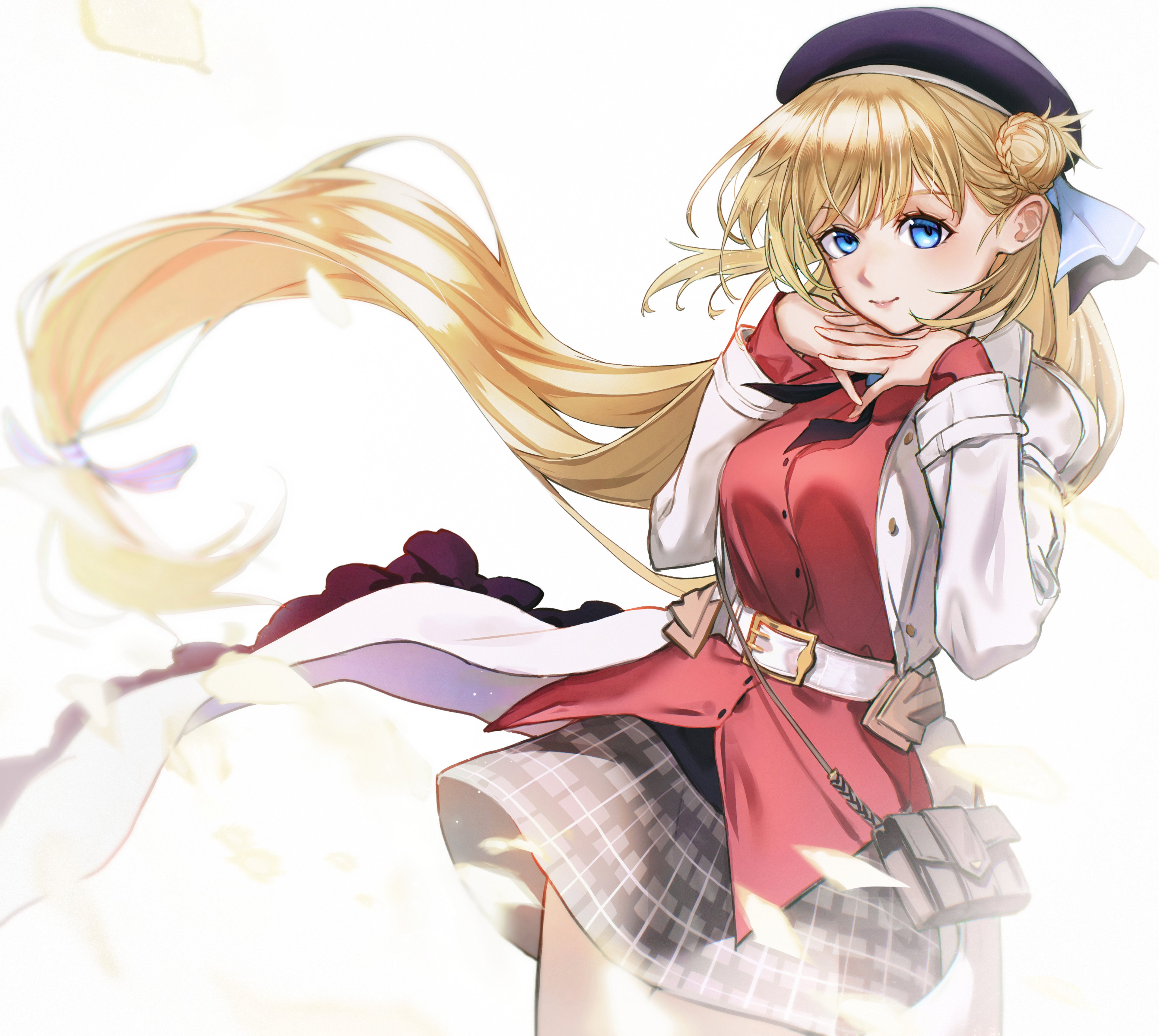 madou zakura, agnes claudel, eiyuu densetsu, kai no kiseki, kuro no kiseki (series), absurdres, highres, 1girl, bag, beret, blonde hair, blue eyes, breasts, bun with braided base, clothes lift, coat, floating hair, hair between eyes, hair bun, handbag, hat, large breasts, long hair, looking at viewer, low-tied long hair, open clothes, open coat, purple hat, simple background, single side bun, skirt, skirt lift, smile, solo, very long hair, white background