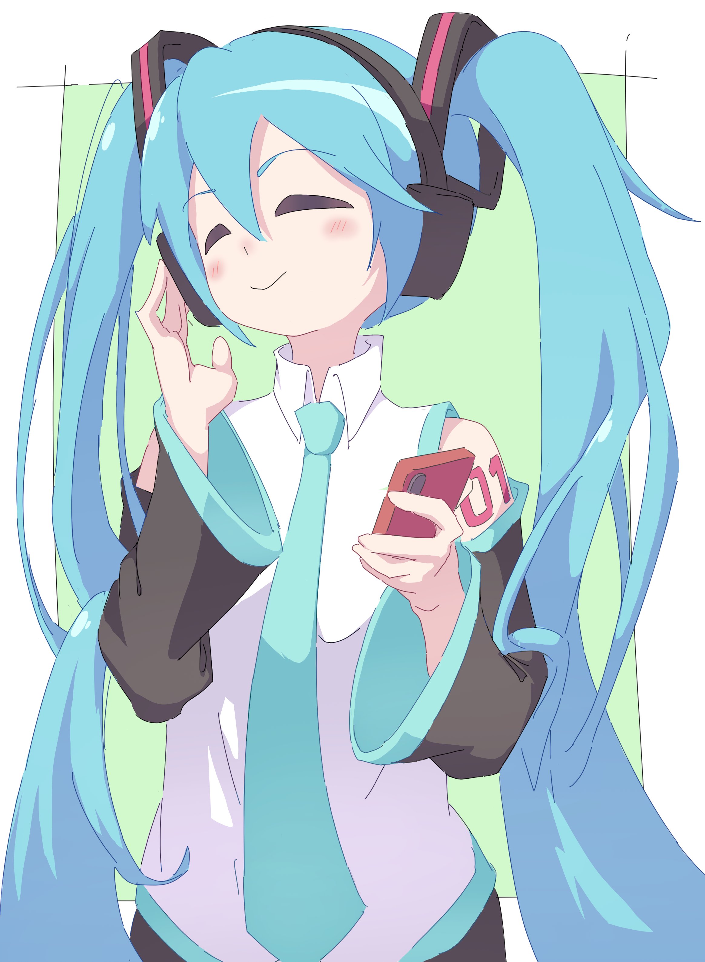 hatsune miku, vocaloid, absurdres, commentary, english commentary, highres, 1girl, aqua hair, black skirt, blush, closed eyes, collared shirt, detached sleeves, hair ornament, headphones, holding, holding phone, kazuke (kazuke9801), listening to music, long hair, outside border, phone, shirt, shoulder tattoo, skirt, sleeveless, sleeveless shirt, smile, tattoo, twintails, very long hair, white shirt