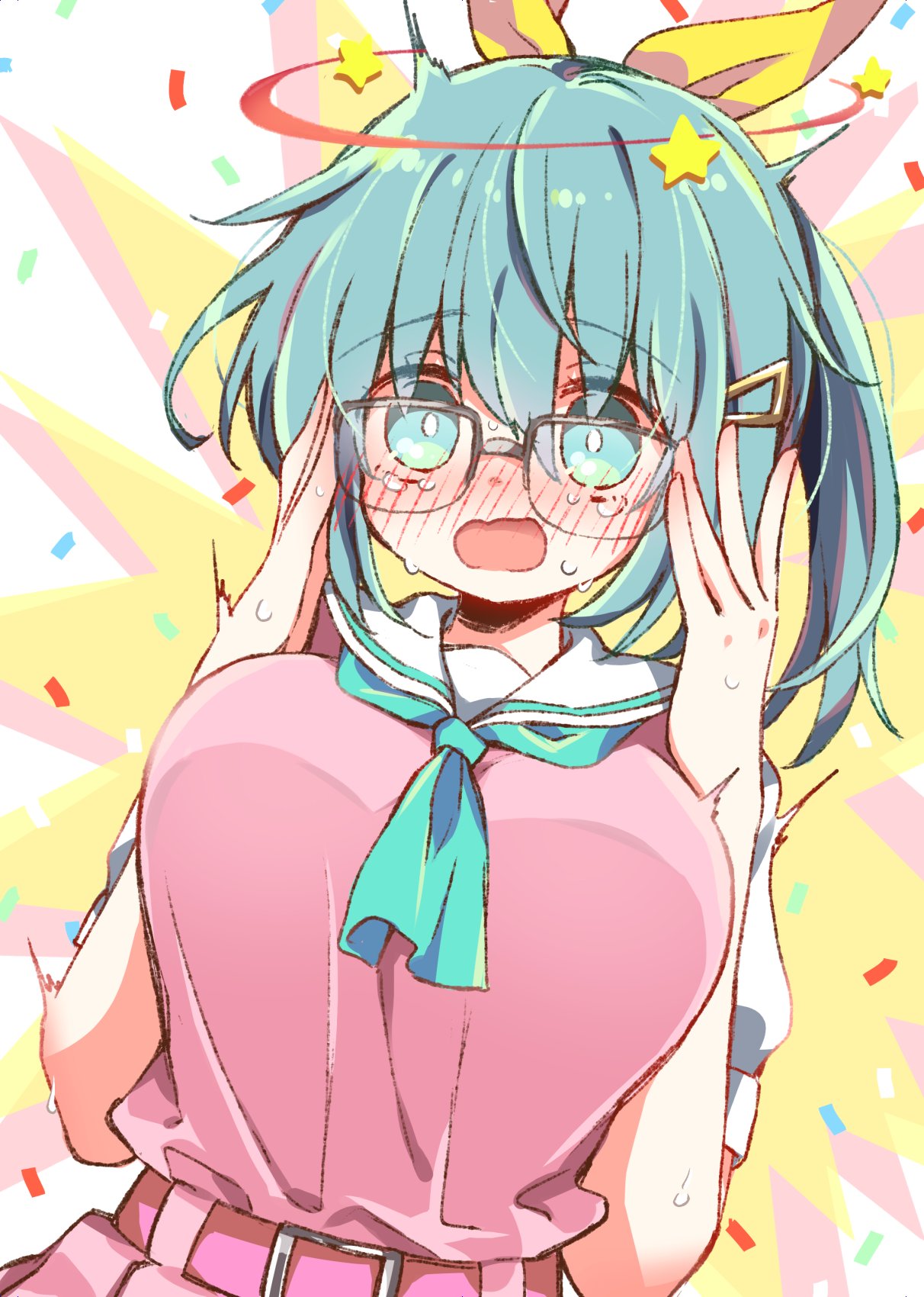 matsuda hikari, medico (dohna dohna), dohna dohna issho ni warui koto o shiyou, highres, 1girl, belt, blue eyes, blue ribbon, blush, breasts, bright pupils, confetti, embarrassed, glasses, hair ornament, hairclip, large breasts, looking at viewer, open mouth, pink belt, pink skirt, ponytail, ribbon, short sleeves, skirt, solo, white pupils, yellow ribbon