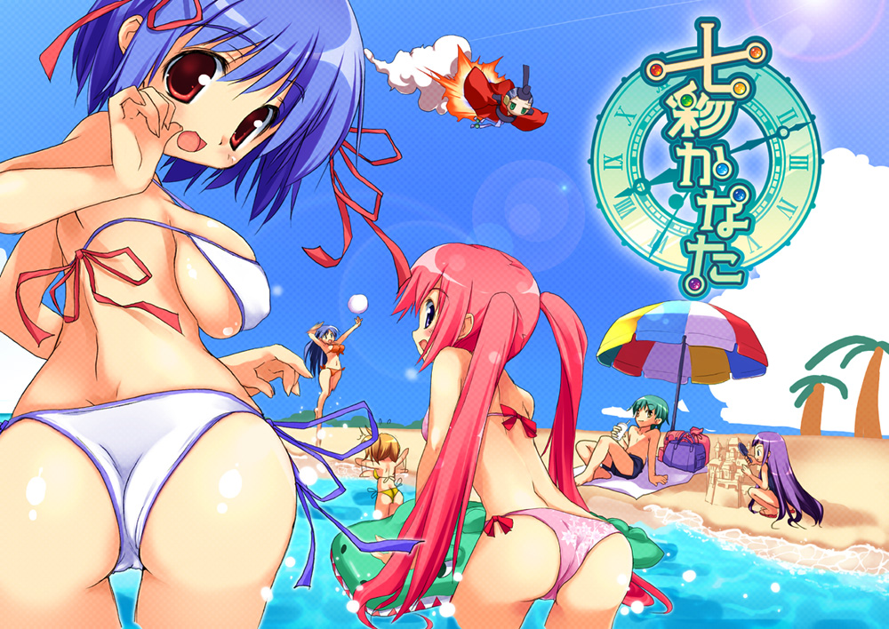 yoshiwo, hitachi kokona, izumi matsuri, sumire hime, wakatsuki himawari, yuuhi (nanairo kanata), nanairo kanata, 1boy, 5girls, ass, ball, beach, bikini, blonde hair, blue eyes, blue hair, breasts, brown eyes, brown hair, building sand sculpture, day, from behind, green eyes, green hair, hair ribbon, japanese clothes, large breasts, lens flare, long hair, looking at viewer, looking back, multiple girls, outdoors, parasol, pink hair, purple hair, red eyes, red hair, ribbon, sand castle, sand sculpture, short hair, side-tie bikini bottom, sideboob, swimsuit, towel, twintails, umbrella, underboob, very long hair, wading, water