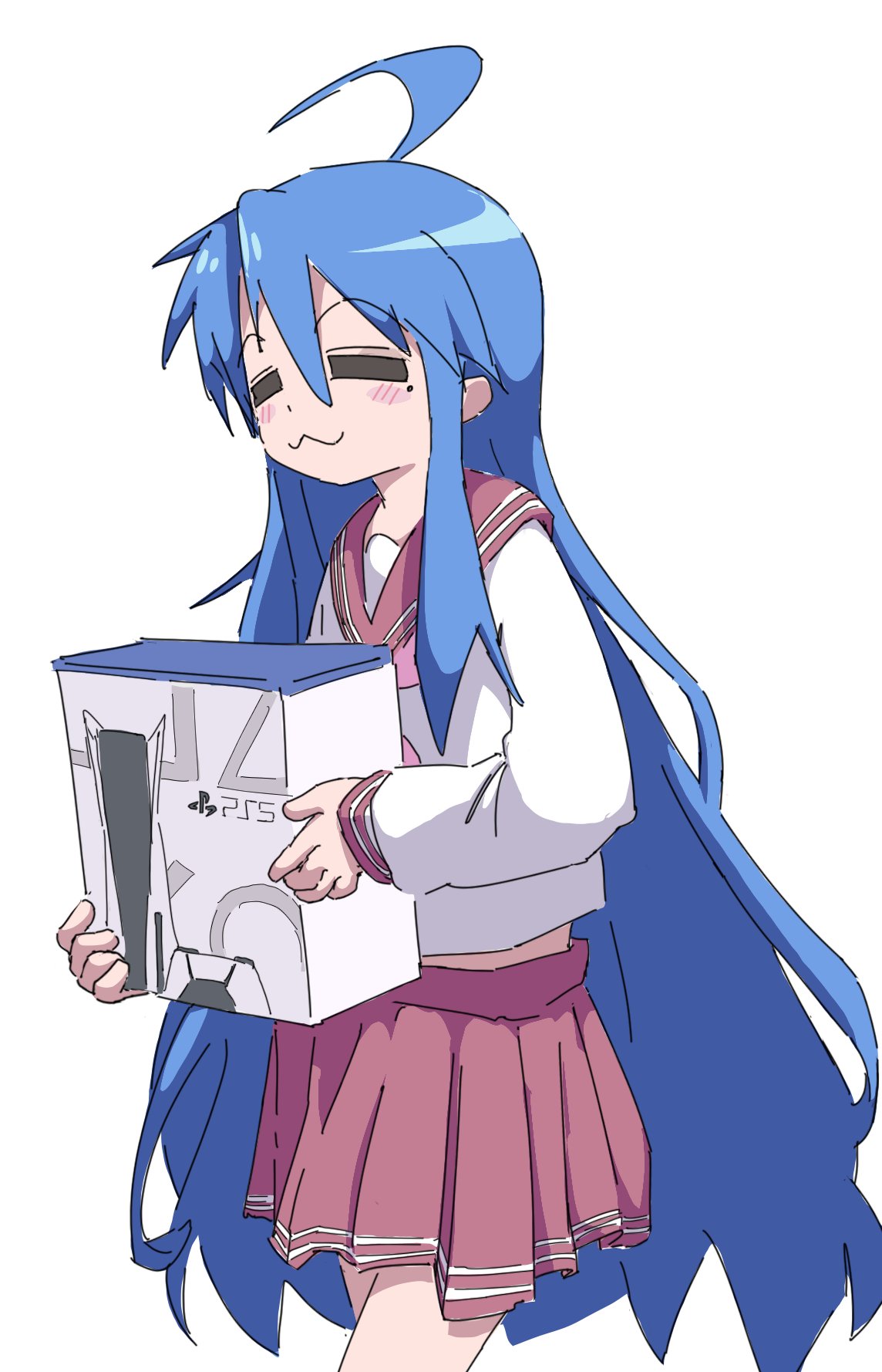 lucky star, highres, :3, = =, ahoge, blue hair, blush, box, closed eyes, game console, holding, holding box, kazuke (kazuke9801), long hair, midriff peek, mole, mole under eye, neckerchief, pink neckerchief, playstation 5, pleated skirt, red sailor collar, red skirt, ryouou school uniform, sailor collar, school uniform, shirt, skirt, smile, very long hair, white background, white shirt