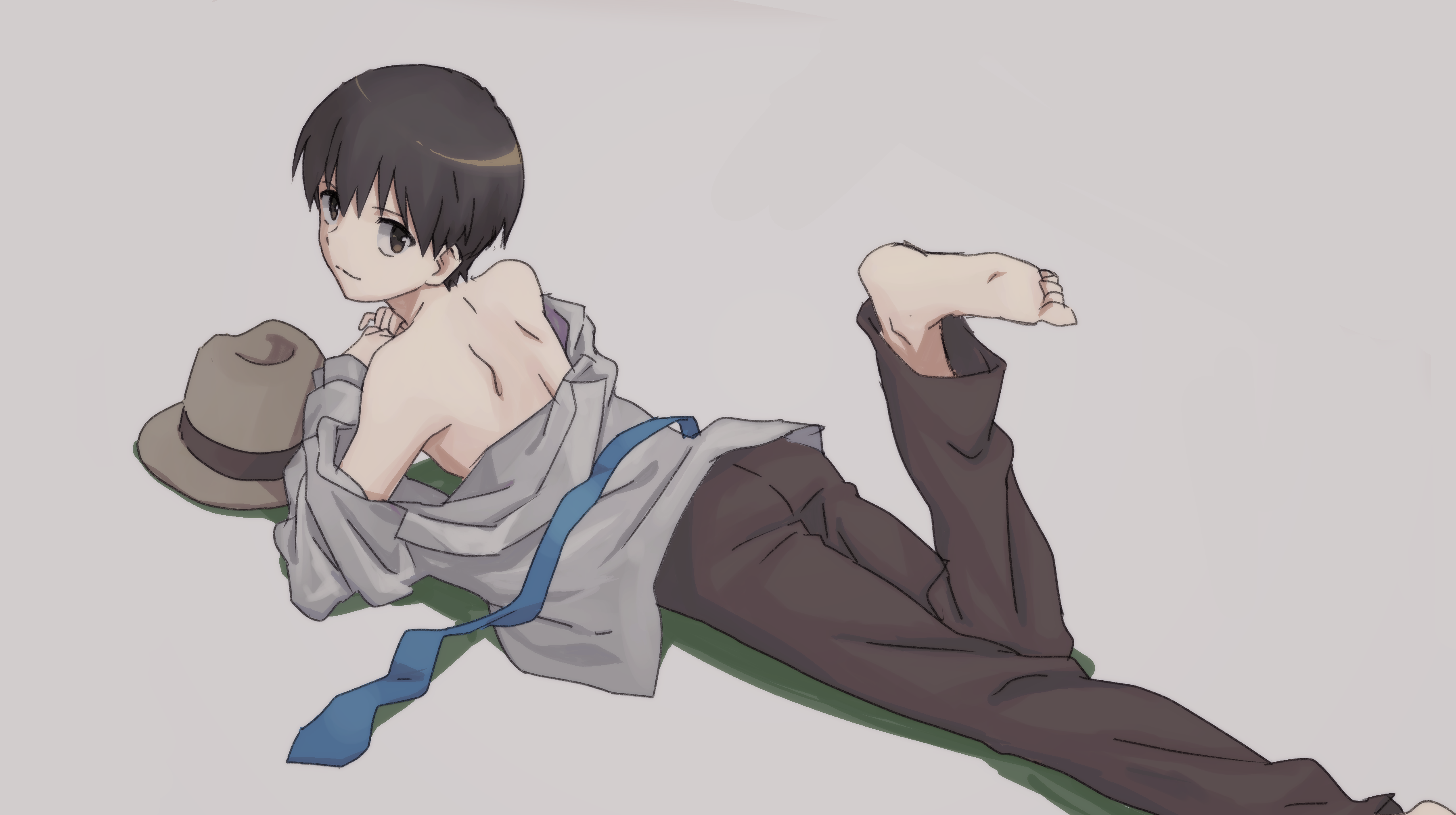moritsuka shun, occultic;nine, science adventure, absurdres, highres, 1boy, 1girl, bare back, bare shoulders, barefoot, black eyes, black hair, blue necktie, closed mouth, fedora, feet, full body, grey background, grey shirt, hat, long sleeves, looking at viewer, looking back, lying, median furrow, necktie, no shoes, on stomach, shirt, short hair, simple background, sinitime, smile, soles, solo, toes, unworn hat, unworn headwear, unworn necktie