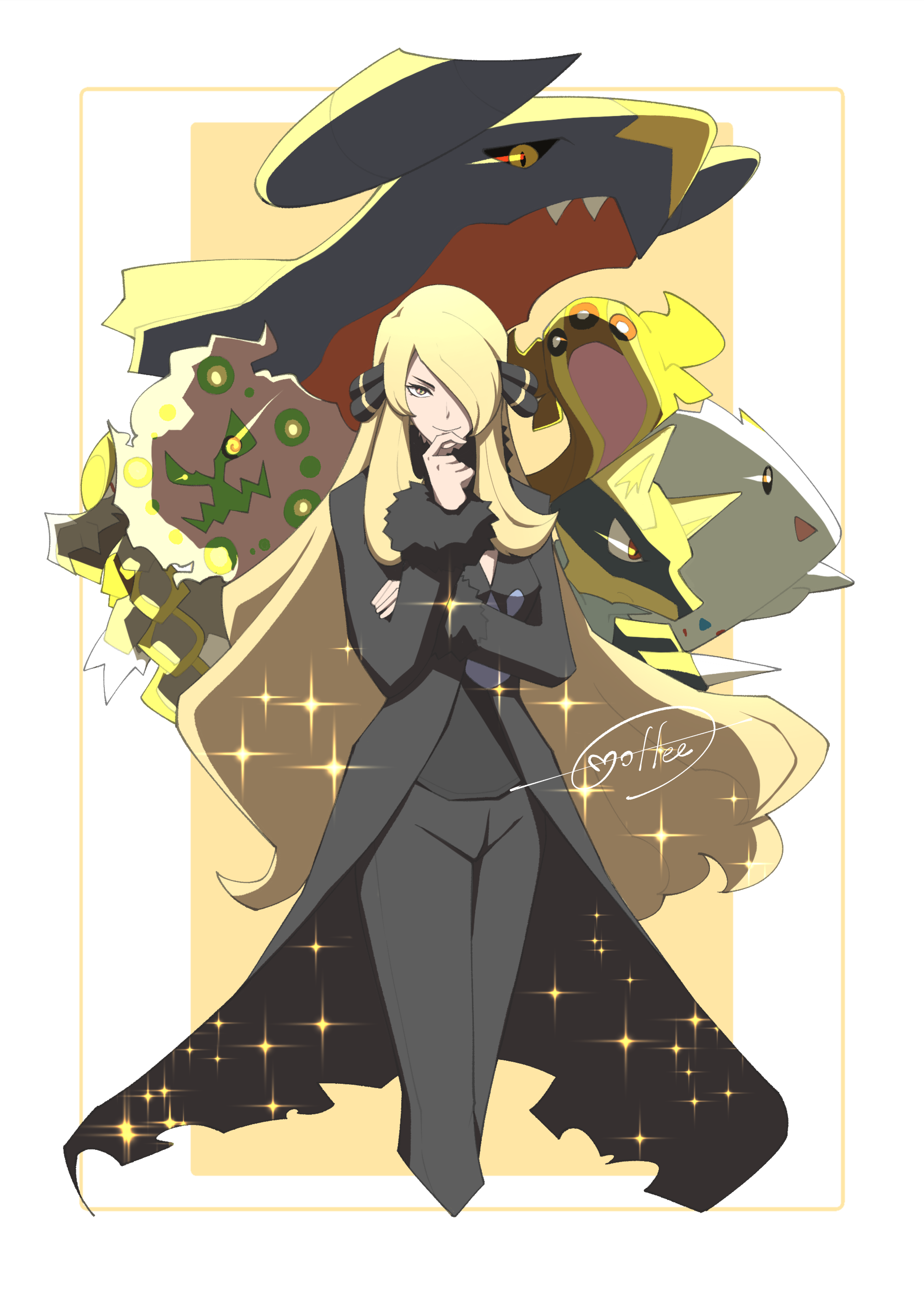 cccacademia, cynthia (pokemon), garchomp, gastrodon, gastrodon (west), kommo-o, lucario, spiritomb, togekiss, nintendo, pokemon, pokemon dppt, absurdres, commentary request, highres, revision, 1girl, blonde hair, border, character name, closed mouth, coat, cropped legs, fur-trimmed coat, fur trim, gen 4 pokemon, gen 7 pokemon, hair ornament, hair over one eye, hand on own chin, hand up, long hair, long sleeves, pants, pokemon (creature), shirt, signature, smile, sparkle, stroking own chin, white border, yellow background, yellow eyes