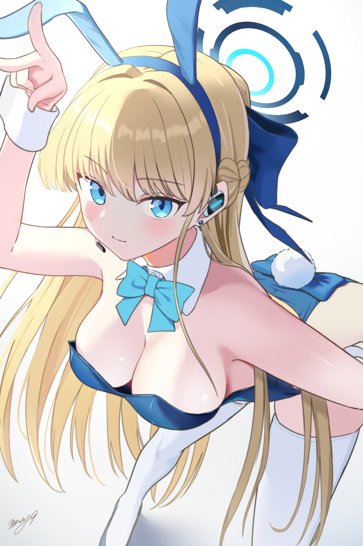 may9, toki (blue archive), toki (bunny) (blue archive), blue archive, highres, 1girl, animal ears, bare shoulders, bent over, blonde hair, blue eyes, blue leotard, blush, breasts, cleavage, detached collar, earpiece, fake animal ears, fake tail, halo, hanging breasts, highleg, highleg leotard, large breasts, leotard, long hair, looking at viewer, playboy bunny, rabbit ears, rabbit tail, simple background, strapless, strapless leotard, tail, thighhighs, v, white background, white thighhighs, white wrist cuffs, wrist cuffs