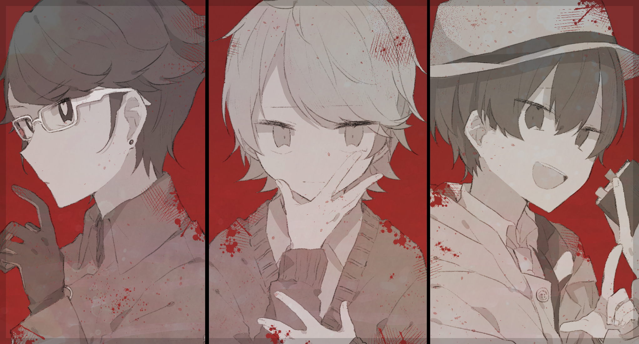 komagusa, gamon yuuta, hashigami sarai, moritsuka shun, occultic;nine, science adventure, highres, 3boys, black hair, blood, blue coat, brown eyes, brown hair, closed mouth, coat, collared shirt, fedora, glasses, hair between eyes, hat, holding, long sleeves, looking at viewer, multiple boys, open mouth, shirt, short hair, simple background, smile, sweater, teeth, tongue, upper body, upper teeth only, white shirt