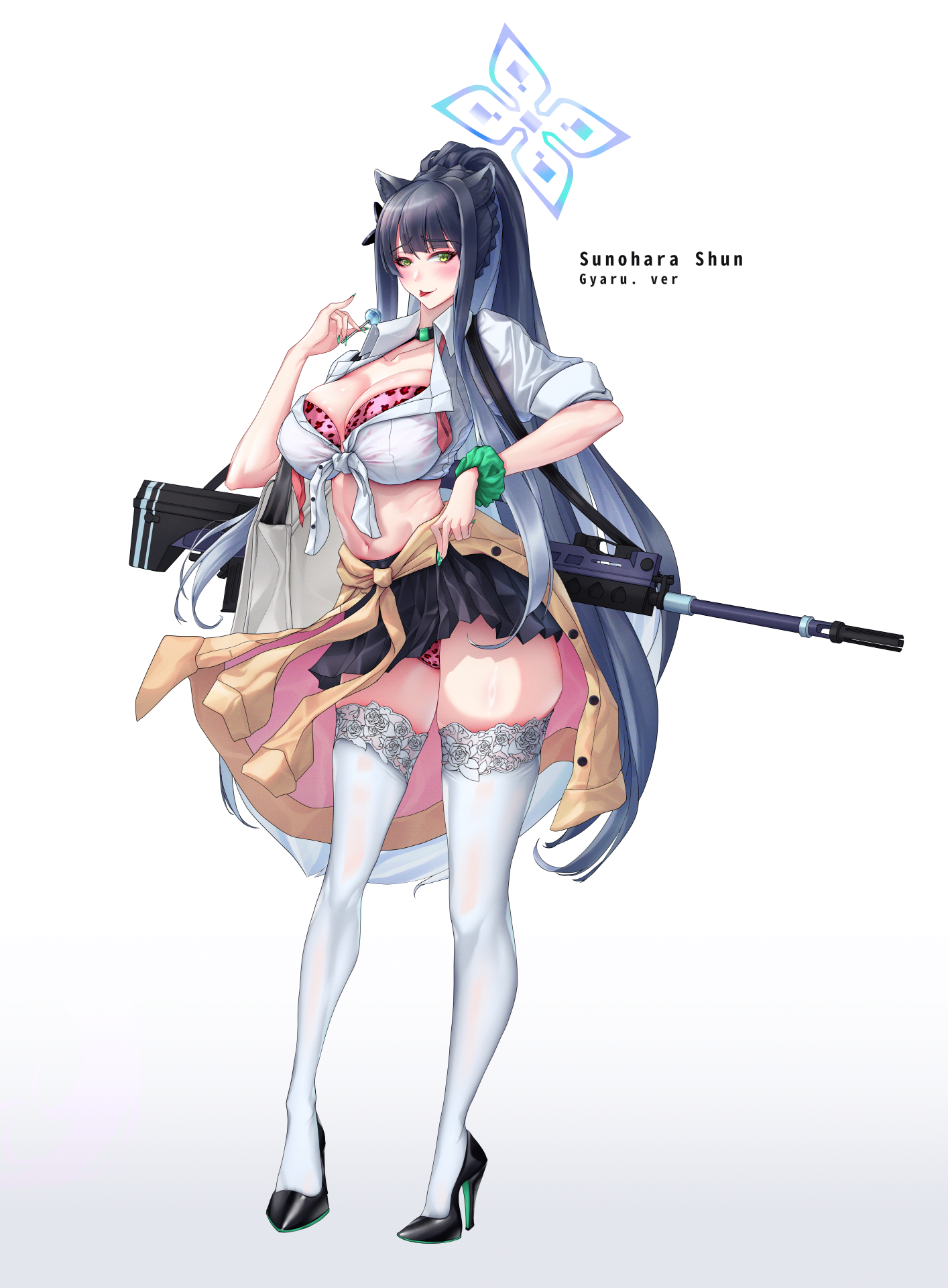 crazyskull, shun (blue archive), blue archive, highres, 1girl, alternate costume, animal ears, animal print, black choker, black hair, black skirt, blue halo, bra, breasts, brown cardigan, candy, cardigan, cardigan around waist, character name, choker, clothes around waist, food, green eyes, gun, gyaru, halo, high heels, holding, holding candy, holding food, holding lollipop, huge breasts, lace, lace-trimmed thighhighs, lace trim, leopard print, lollipop, long hair, looking at viewer, miniskirt, navel, panties, pink bra, pink panties, pleated skirt, ponytail, print bra, print panties, qbu-88, rifle, school uniform, shirt, sidelocks, skirt, smile, sniper rifle, solo, thighhighs, tied shirt, tiger ears, tiger girl, tongue, tongue out, underwear, very long hair, weapon, white thighhighs