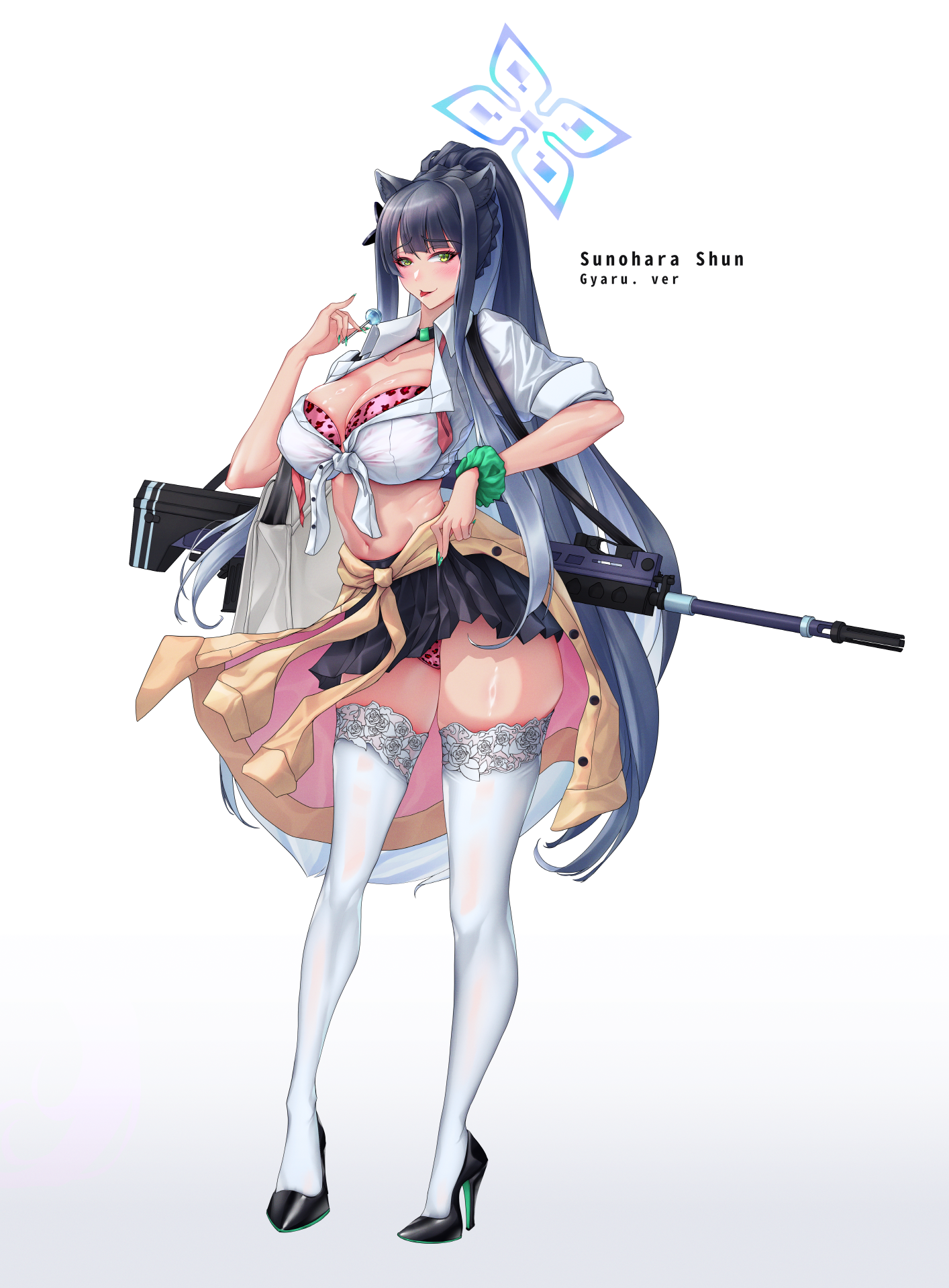 crazyskull, shun (blue archive), blue archive, highres, 1girl, alternate costume, animal ears, animal print, black choker, black hair, black skirt, blue halo, bra, breasts, brown cardigan, candy, cardigan, cardigan around waist, character name, choker, clothes around waist, food, green eyes, gun, gyaru, halo, high heels, holding, holding candy, holding food, holding lollipop, huge breasts, lace, lace-trimmed thighhighs, lace trim, leopard print, lollipop, long hair, looking at viewer, miniskirt, navel, panties, pink bra, pink panties, pleated skirt, ponytail, print bra, print panties, qbu-88, rifle, school uniform, shirt, sidelocks, skirt, smile, sniper rifle, solo, tan, thighhighs, tied shirt, tiger ears, tiger girl, tongue, tongue out, underwear, very long hair, weapon, white thighhighs