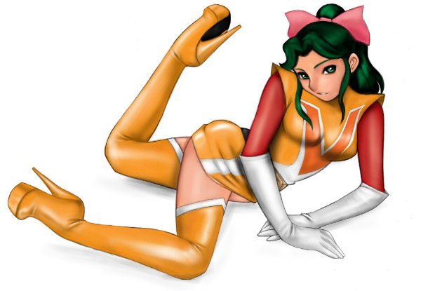 megumi, nankyoku, oka megumi, choudenji machine voltes v, 1970s (style), 1girl, boots, elbow gloves, female focus, full body, gloves, green eyes, green hair, high heel boots, high heels, looking at viewer, matching hair/eyes, oldschool, orange boots, retro artstyle, shoes, simple background, solo, thigh boots, thighhighs, white background, white gloves