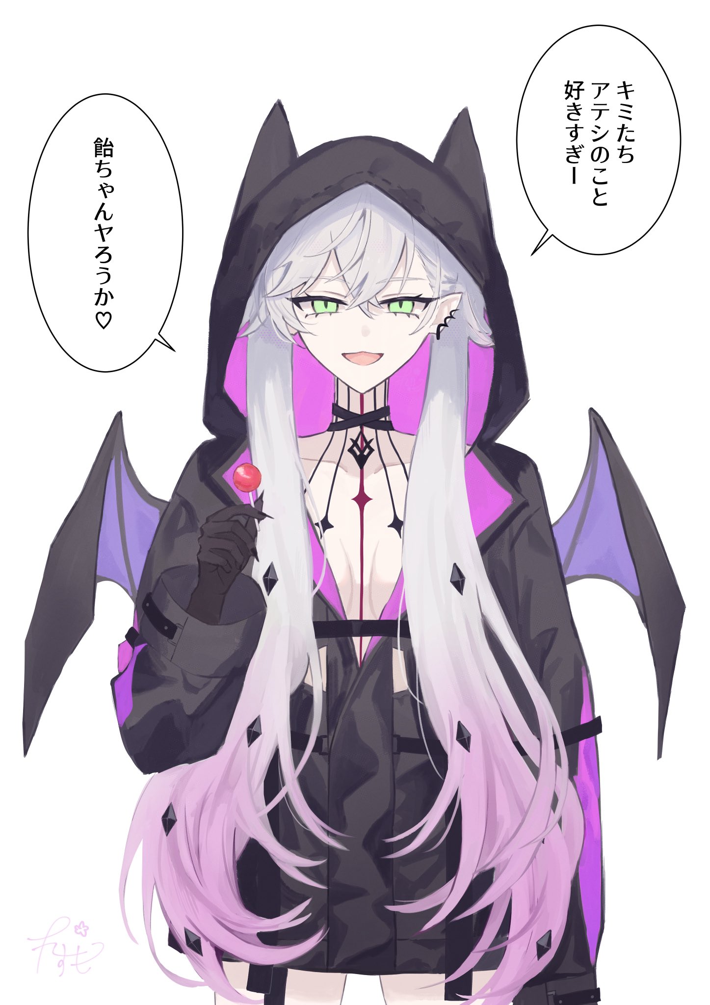 lilith (fate), lilith (first ascension) (fate), fate/grand order, fate (series), highres, bat wings, breasts, candy, collarbone, earrings, food, gradient hair, green eyes, jewelry, kaduki cosmo, lollipop, long hair, looking at viewer, multicolored hair, pink hair, single earring, speech bubble, twintails, white hair, wings