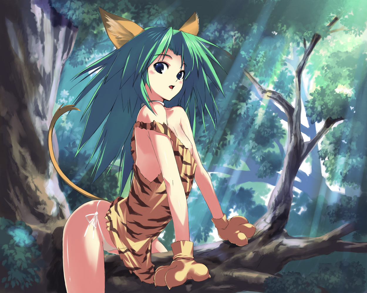 kawata hisashi, cham cham, samurai spirits, snk, 1girl, animal ears, animal hands, animal print, blue eyes, breasts, fang, gloves, green hair, jungle, mexico, nature, nipple slip, nipples, panties, paw gloves, petite, side-tie panties, small breasts, solo, tail, tiger print, underwear, white panties