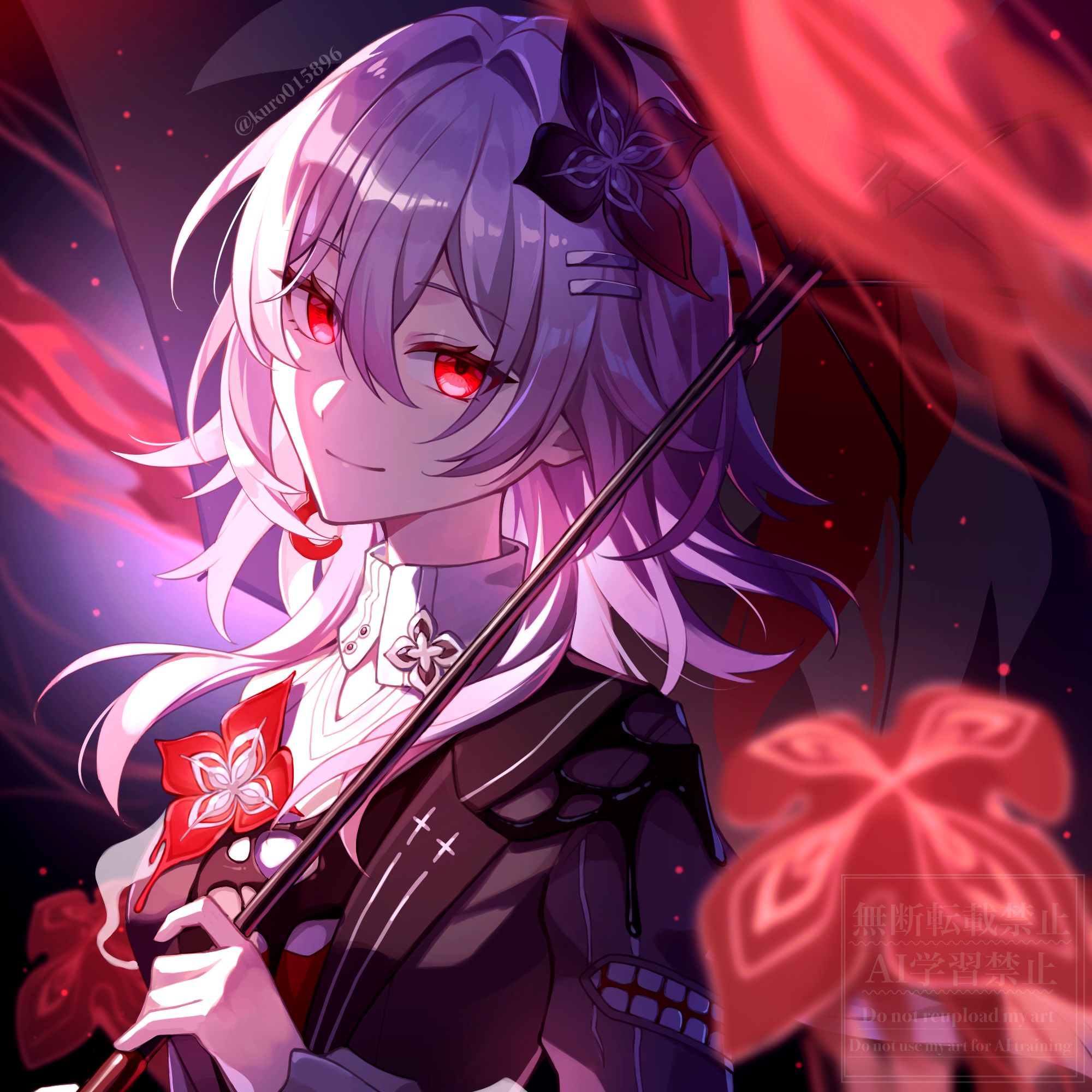 kuro015896, evernight (honkai: star rail), march 7th (honkai: star rail), honkai: star rail, honkai (series), highres, 1girl, black flower, black jacket, earrings, flower, half-jacket, holding, holding umbrella, jacket, jewelry, looking at viewer, medium hair, pink hair, red eyes, red flower, single earring, smile, solo, umbrella, upper body