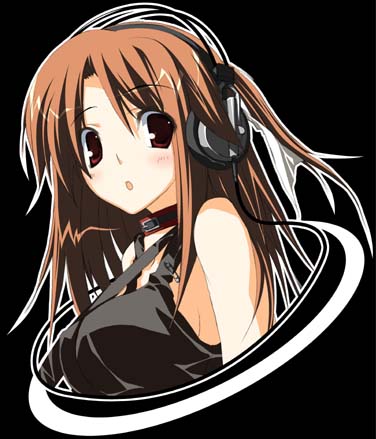 kagome (traumatize), lowres, 1girl, black background, blush, brown hair, female focus, headphones, simple background, solo