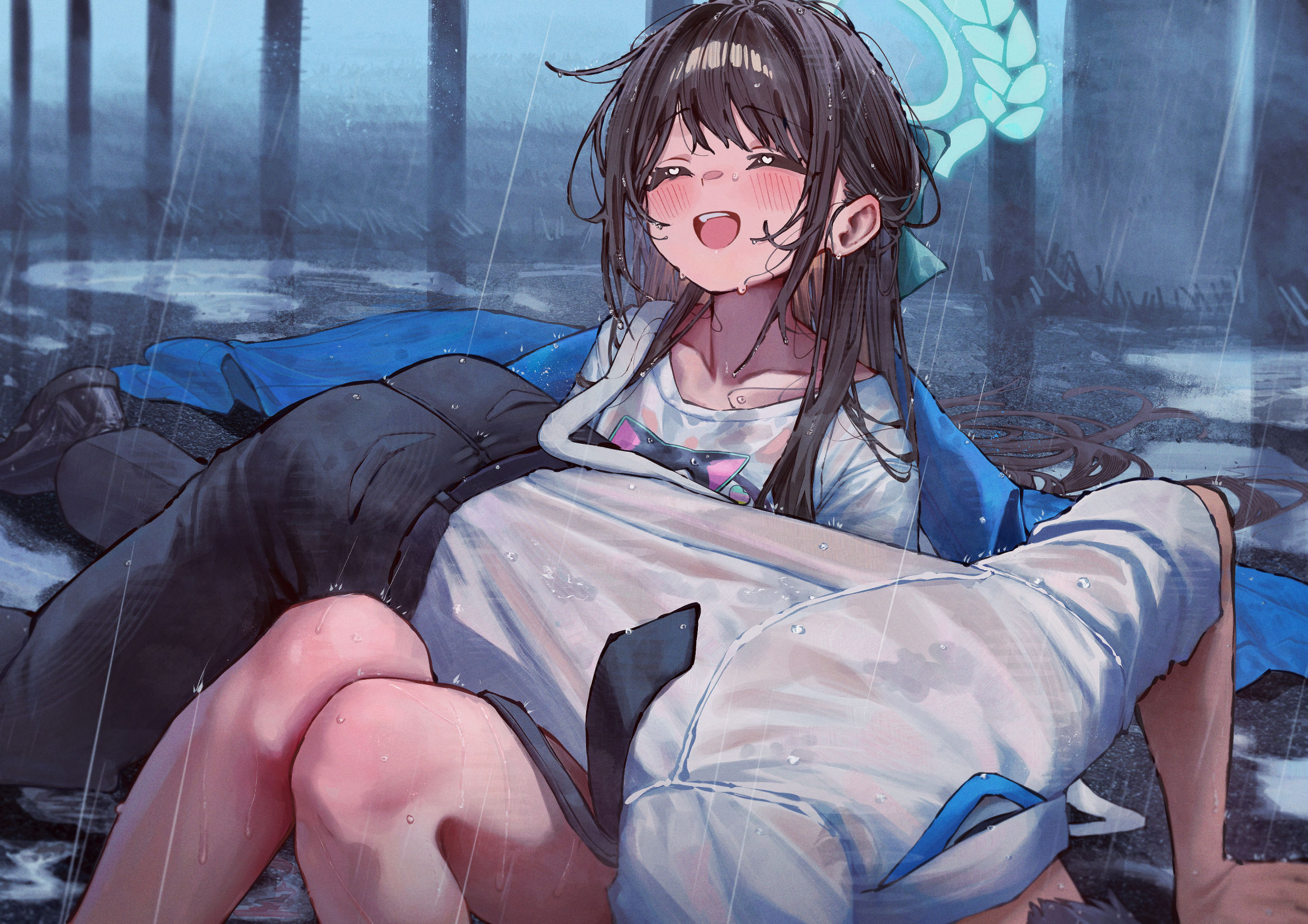 betabeet, airi (band) (blue archive), airi (blue archive), sensei (blue archive), blue archive, commentary, highres, 1boy, 1girl, ^ ^, accident, aqua halo, black necktie, black pants, black shoes, brown hair, closed eyes, collarbone, fallen down, hair intakes, halo, happy, heart, lanyard, necktie, official alternate costume, on floor, open mouth, outdoors, pants, rain, see-through clothes, see-through shirt, shirt, shoes, sleeves rolled up, smile, teeth, upper teeth only, wet, wet clothes, wet shirt, white shirt