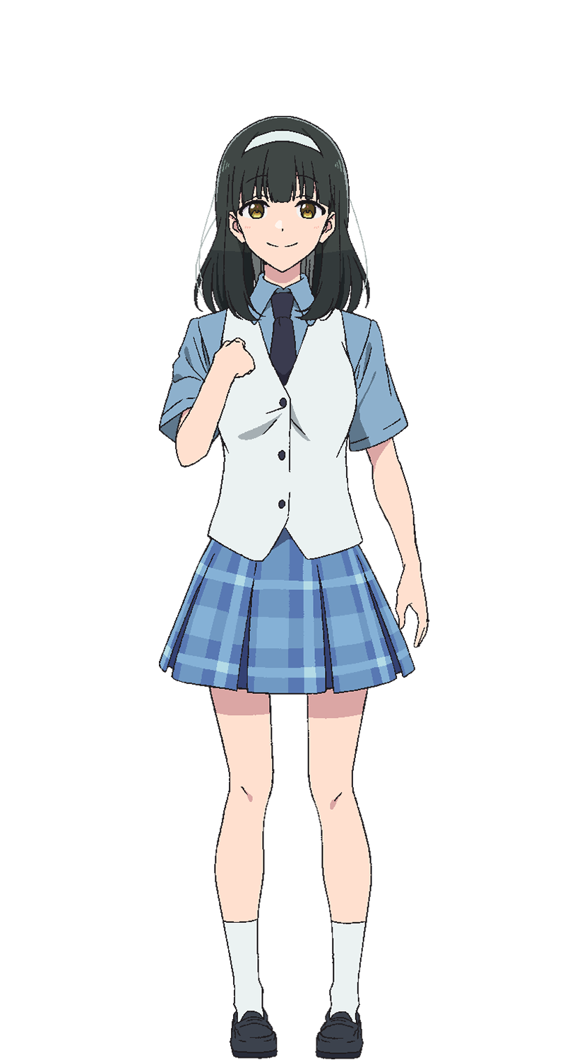 aineko, hana wa saku shura no gotoku, highres, official art, 1girl, anime coloring, black hair, black shoes, blue necktie, blue shirt, blue skirt, breasts, brown eyes, clenched hand, closed mouth, collared shirt, full body, hairband, hand on own chest, hand up, kumori misaki, loafers, long hair, looking at viewer, necktie, plaid clothes, plaid skirt, pleated skirt, school uniform, shirt, shoes, short sleeves, simple background, skirt, smile, socks, solo, standing, tareme, transparent background, vest, white hairband, white socks, white vest