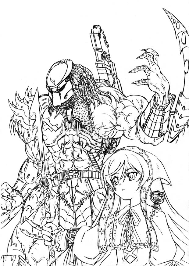 predator (character), suiseiseki, predator (1987), predator (series), rozen maiden, 00s, 1girl, arm blade, armor, breastplate, claws, crossover, dreadlocks, greyscale, mask, monochrome, muscular, plasma cannon, plasma caster, polearm, shoulder cannon, spear, spikes, tribal, weapon, wrist blades