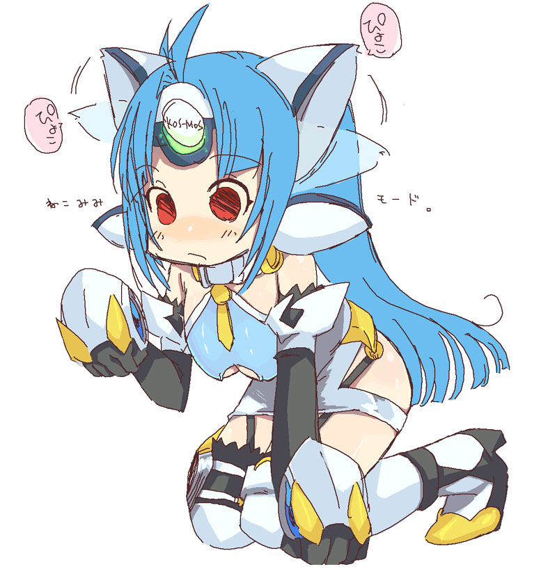 raina, kos-mos, kos-mos ver. 4, xenosaga, xenosaga episode iii, translated, 00s, 1girl, animal ears, blue hair, cat ears, elbow gloves, female focus, gloves, long hair, oekaki, red eyes, simple background, solo, thighhighs