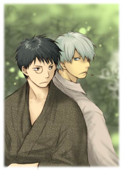 adashino-sensei, ginko (mushishi), mushishi, silver hair, 2boys, back-to-back, black eyes, black hair, cigarette, gradient background, green background, grey eyes, hair over one eye, japanese clothes, kimono, male focus, multiple boys, short hair, smoking, upper body, yukata