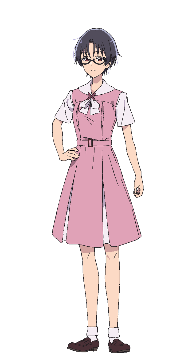 aineko, hana wa saku shura no gotoku, highres, official art, 1girl, anime coloring, black-framed eyewear, black hair, breasts, brown eyes, brown shoes, closed mouth, curtained hair, dress, full body, glasses, hand on own hip, hiiragidani mitsuka, loafers, looking at viewer, medium breasts, pink dress, pink ribbon, pink sailor collar, pink sash, ribbon, sailor collar, sash, school uniform, shoes, short hair, short sleeves, simple background, socks, solo, standing, transparent background, white socks