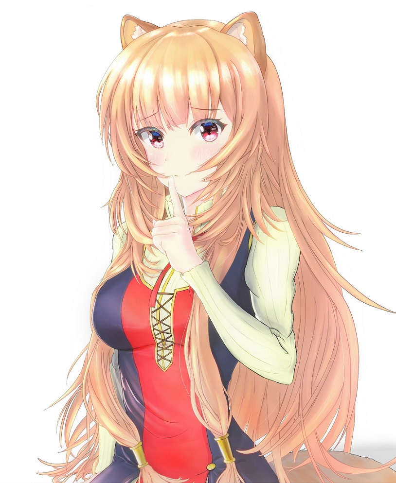 tako pipe, raphtalia, tate no yuusha no nariagari, commentary request, 1girl, animal ear fluff, animal ears, black dress, breasts, collared dress, dress, eyelashes, finger to mouth, hand up, high collar, layered dress, light smile, long hair, long sleeves, looking at viewer, medium breasts, metal hair tubes, neck ribbon, raccoon ears, raccoon girl, raccoon tail, red dress, red eyes, red ribbon, ribbon, simple background, sleeveless, sleeveless dress, smile, solo, tail, two-tone dress, upper body, white background, white dress
