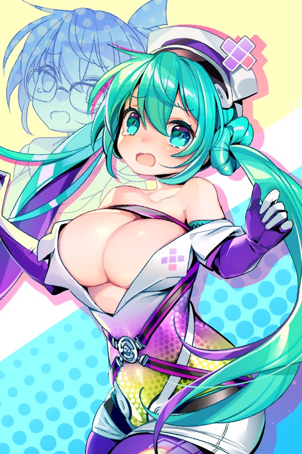 mg kurino, medico (dohna dohna), dohna dohna issho ni warui koto o shiyou, 1girl, breasts, cleavage, dress, embarrassed, eyelashes, glasses, hat, large breasts, long hair, looking at viewer, nurse cap, open mouth, tears, twintails, very long hair, white dress