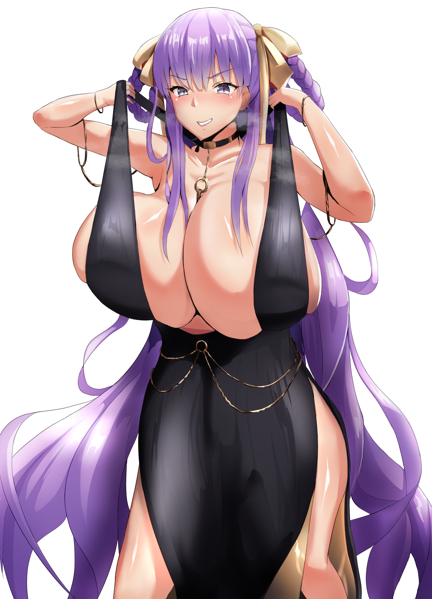 bb (fate), bb dubai (fate), fate/grand order, fate (series), highres, 1girl, bare shoulders, black dress, blush, bracelet, braid, braided hair rings, breasts, center opening, cleavage, collarbone, dress, furrowed brow, hair ribbon, hair rings, huge breasts, jewelry, katenatioura, long hair, looking at viewer, necklace, no bra, pink lips, purple eyes, purple hair, ribbon, side slit, sideboob, smile, solo, strap gap, strap lift, twin braids, very long hair, yellow ribbon