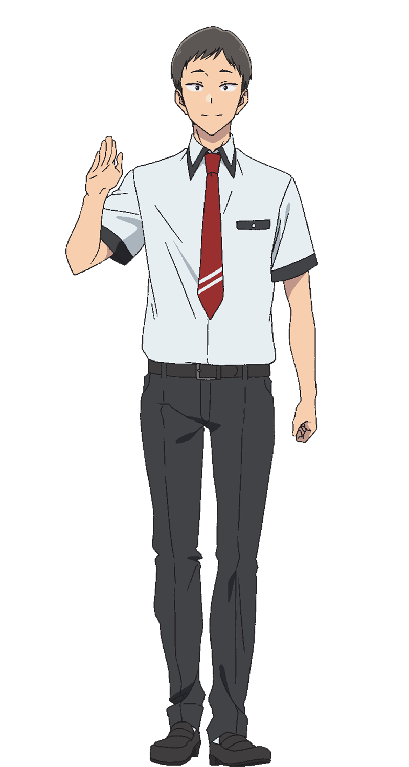aineko, hana wa saku shura no gotoku, highres, official art, 1boy, anime coloring, belt, black belt, black eyes, black hair, black pants, brown shoes, clenched hand, closed mouth, collared shirt, dress shoes, full body, hand up, looking at viewer, necktie, nisino rengo, open hand, pants, red necktie, shirt, shoes, short hair, simple background, smile, socks, solo, standing, transparent background, white shirt, white socks