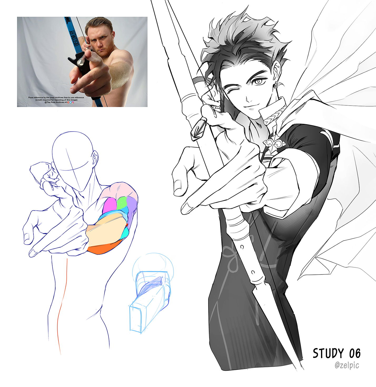 original, commentary request, highres, korean commentary, photo-referenced, 1boy, art study, bow (weapon), cape, closed mouth, cropped legs, greyscale, holding, holding bow (weapon), holding weapon, long sleeves, male focus, monochrome, one eye closed, pose study, reference inset, shirt, short hair, simple background, twitter username, weapon, white background, zelpic