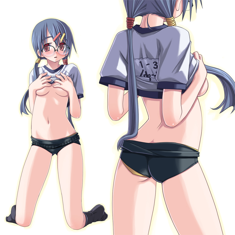 sakuya tsuitachi, original, 1girl, butt crack, clothes lift, glasses, gym uniform, multiple views, shirt lift, socks