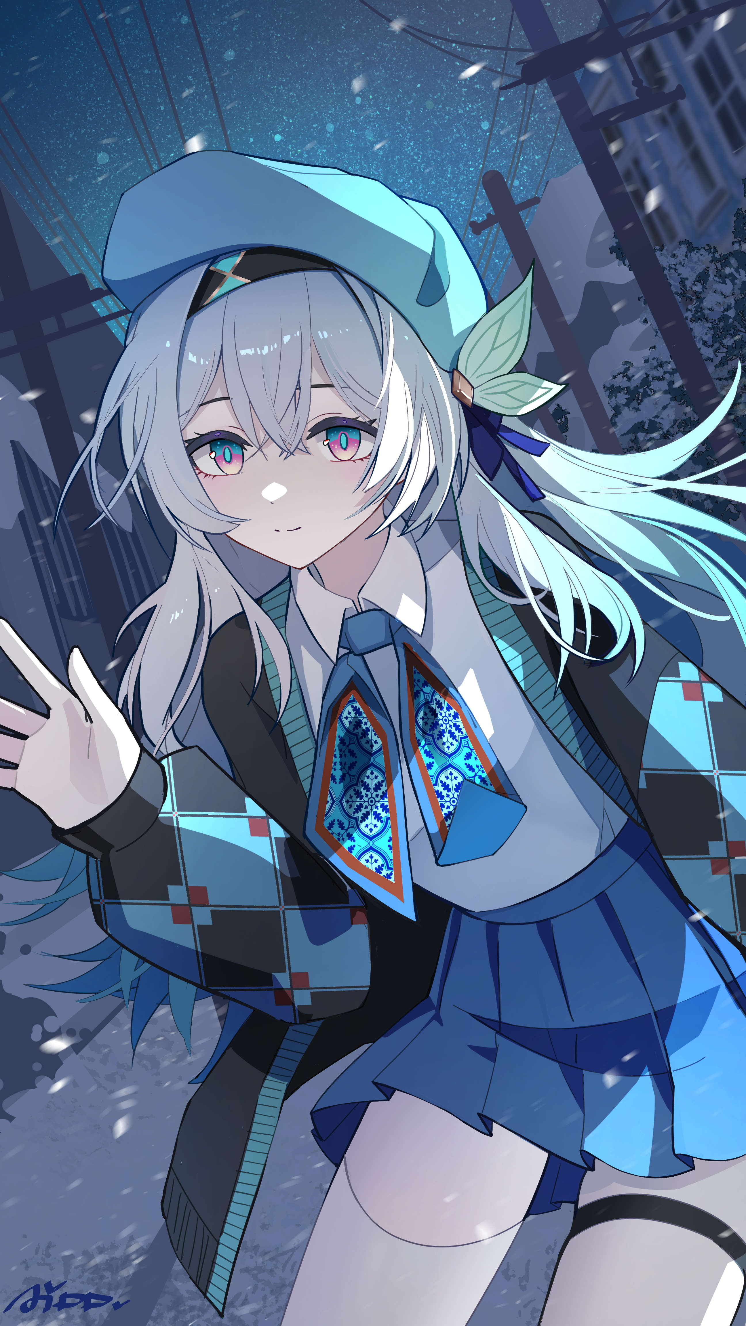 ai dongdong, firefly (honkai: star rail), honkai: star rail, honkai (series), absurdres, highres, 1girl, alternate costume, black jacket, blue skirt, closed mouth, collared shirt, grey hair, hair between eyes, hair ornament, hat, jacket, long hair, long sleeves, looking at viewer, night, night sky, outdoors, pink eyes, pleated skirt, shirt, skirt, sky, smile, solo, thick thighs, thighhighs, thighs, utility pole, white hat, white shirt, white thighhighs