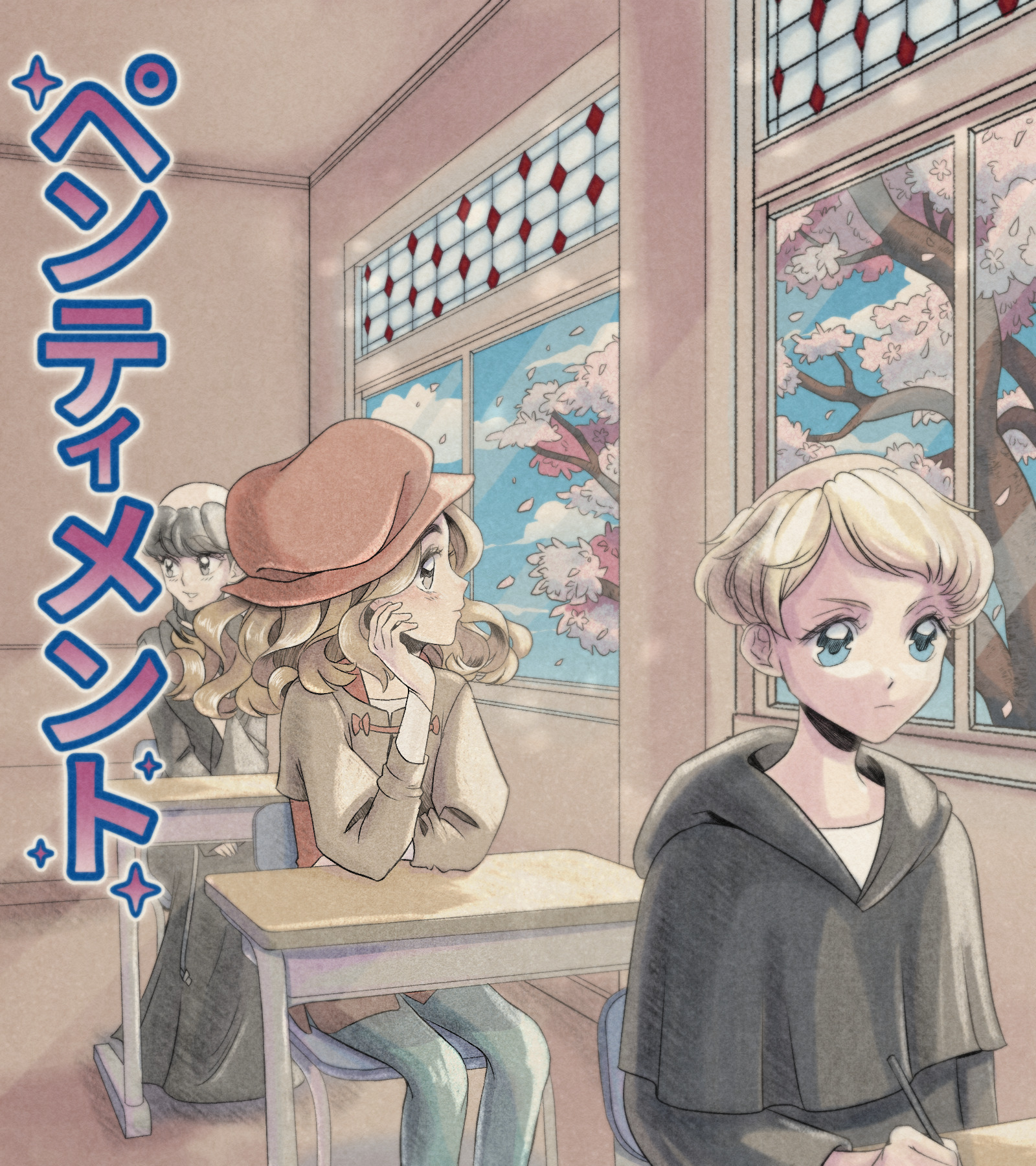 2000sanimeop, highres, 3boys, andreas maler, black robe, blue eyes, blue pants, brother guy of dijon, brown hair, cherry blossoms, desk, hat, hood, hood down, hooded robe, indoors, long sleeves, looking outside, multiple boys, pants, pentiment, red hat, robe, school desk, sitting, tonsure